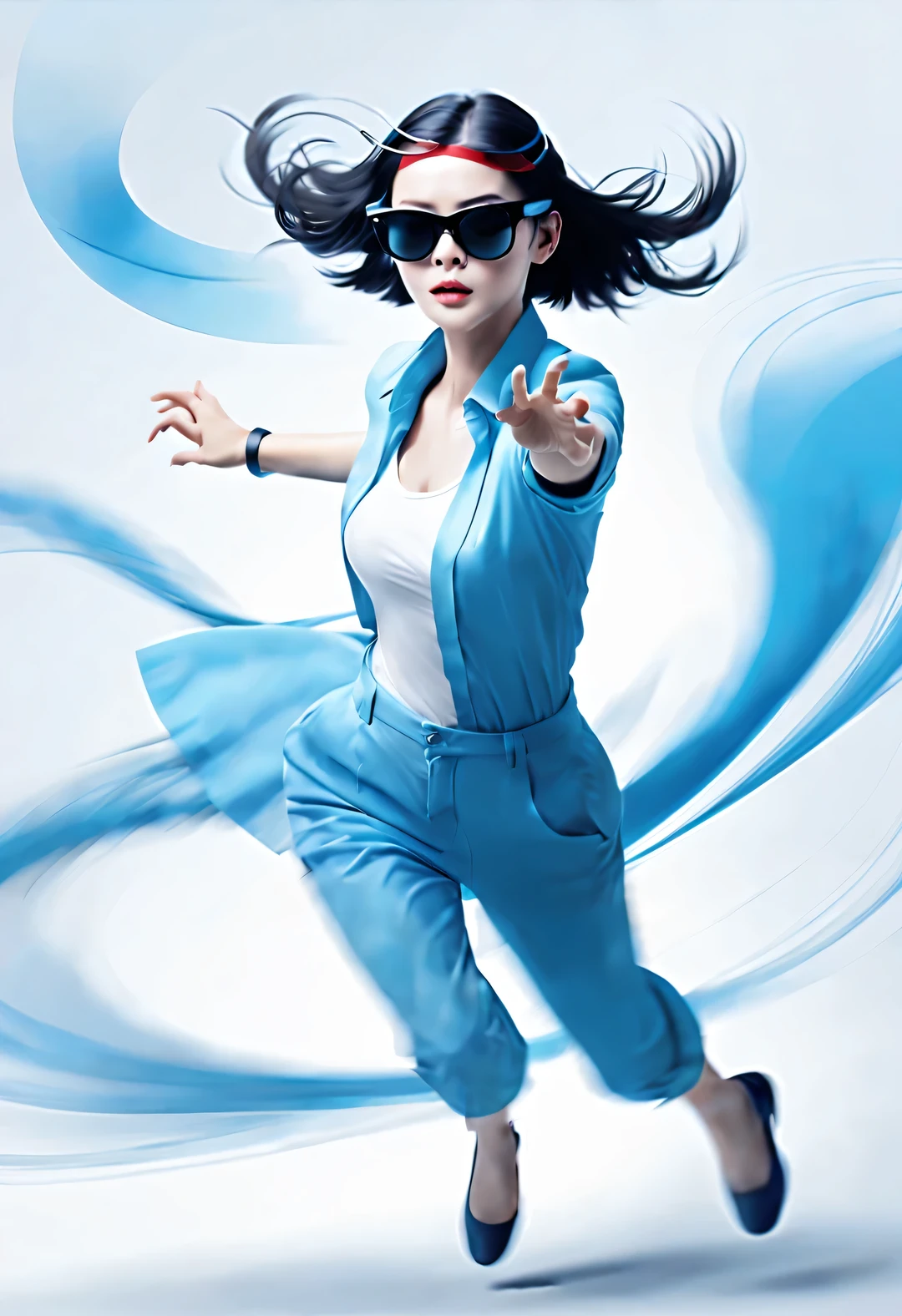 (Modern art dance poster design), (Half-length close-up), (Beautiful Chinese girl dancing in the air), (Wearing a modern stylish blue suit: 0.8), Look up, Fair and flawless skin, high nose bridge, (Wearing large sunglasses: 1.2), sad yet beautiful, slim, Exquisite facial features, rotating fog, Noble temperament, illustration, ink painting, black hair, a ball head, messy, Proud, Surrealism, contemporary art photography, action painting illustration, abstract expressionism, Pixar, depth of field, motion blur, backlight, Fall out, decline, Look up Angle, Sony FE General Manager, ultra high definition, masterpiece, Accuracy, textured skin, Super details, high detail, high quality, Award-winning, best quality, Level, 16k, Shot from a bottom-up perspective,