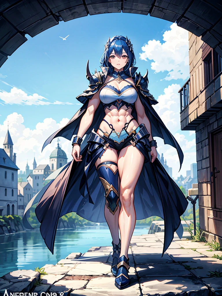 （（（masterpiece、Highest image quality、highest quality、highly detailed unity 8ｋwallpaper）））、（（Illustration of one girl））、（（（beautiful girl）））、blue hair、stocky build, thickset physique：1.3, muscular legs, broad shoulders, solid chest、（adventurer）、white armor、Medieval city