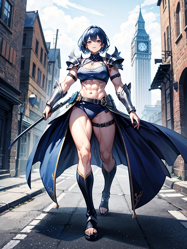 （（（masterpiece、Highest image quality、highest quality、highly detailed unity 8ｋwallpaper）））、（（Illustration of one girl））、（（（beautiful girl）））、blue hair、stocky build, thickset physique：1.3, muscular legs, broad shoulders, solid chest、（adventurer）、white armor、Medieval city