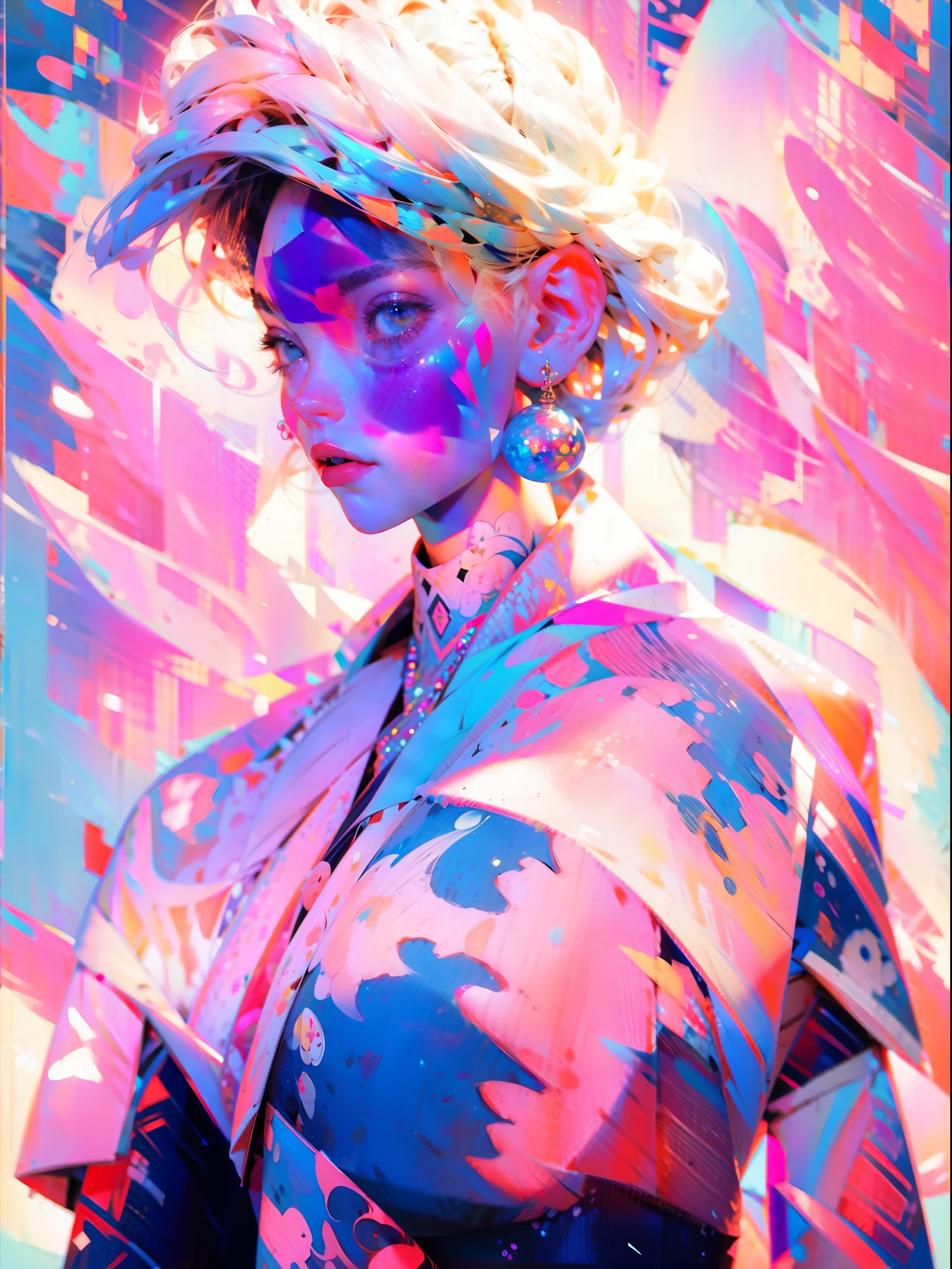(MAN OR WOMAN) WEARING TRENDY CLOTHES, IN AN ABSTRACT OIL PAINTING STYLE, FASHION SHOW, THE PAINTING IS ULTRA-HIGH DETAILED AND HAS A RESOLUTION OF 8K, SHOWCASING THE BEST QUALITY AND CRAFTSMANSHIP. THE BACKGROUND IS COLORFUL, WITH A TOUCH OF FOG AND MIST, CREATING A MYSTERIOUS ATMOSPHERE. THERE IS A SUBTLE LENS FLARE EFFECT, ADDING A DYNAMIC ELEMENT TO THE ARTWORK. THIS PAINTING AIMS TO BE REMINISCENT OF LUXURY BRAND ADVERTISING, SHOWCASING THE BEAUTY AND ELEGANCE OF THE FASHION WORLD.