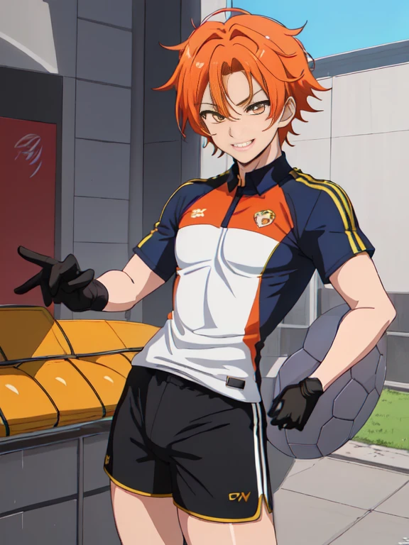 (((official art,product art,Super thin illustration,最High resolution, muste piece,best quality,best quality,非常にdetailedなCGユニティ8kの壁紙))),1 boy,high quality, detailed, ( boy),12 yeaung ace striker male idol with a super cute face,beautiful boy, Cool handsome face with smile,Soccer spikes on the feet, long legs, thighs, Bulge, (orange hair、)、 short story,spiky hair、shiny hair, (yellow tight shiny soccer uniform suit), (tight soccer shorts), cool pose, (太いthighs,big ass)、(((soccer field in the park)))、((Saucy、grinning grin))、、spread legs,ultra fine painting, (best quality, In 4K, 8K, High resolution, muste piece:1.2),(((Being aware of the sexual gaze of middle-aged gay men))).、Service Shots、(((Long leather gloves))),(((Anime-like coloring、Clearly emphasize the white part of the eyes、Super detailed eye expression、Make line drawings clearer))),