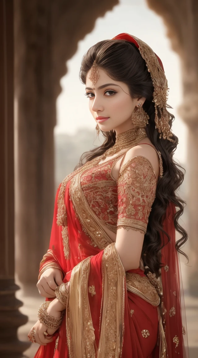 masterpiece, top quality, 8K, real person, realistic, very dense CG, shiny skin, fully focused, radiant, A beautiful Arabic mujra dancer, seductive look, wearing a mujra bikini , bold clothes, cowboy environment, cinematic look red lips,bold and majestic look, wearing a loose top, stylish design, mesmerizing look,bold and majestic look, Background royal palace, beautiful and elegant lady