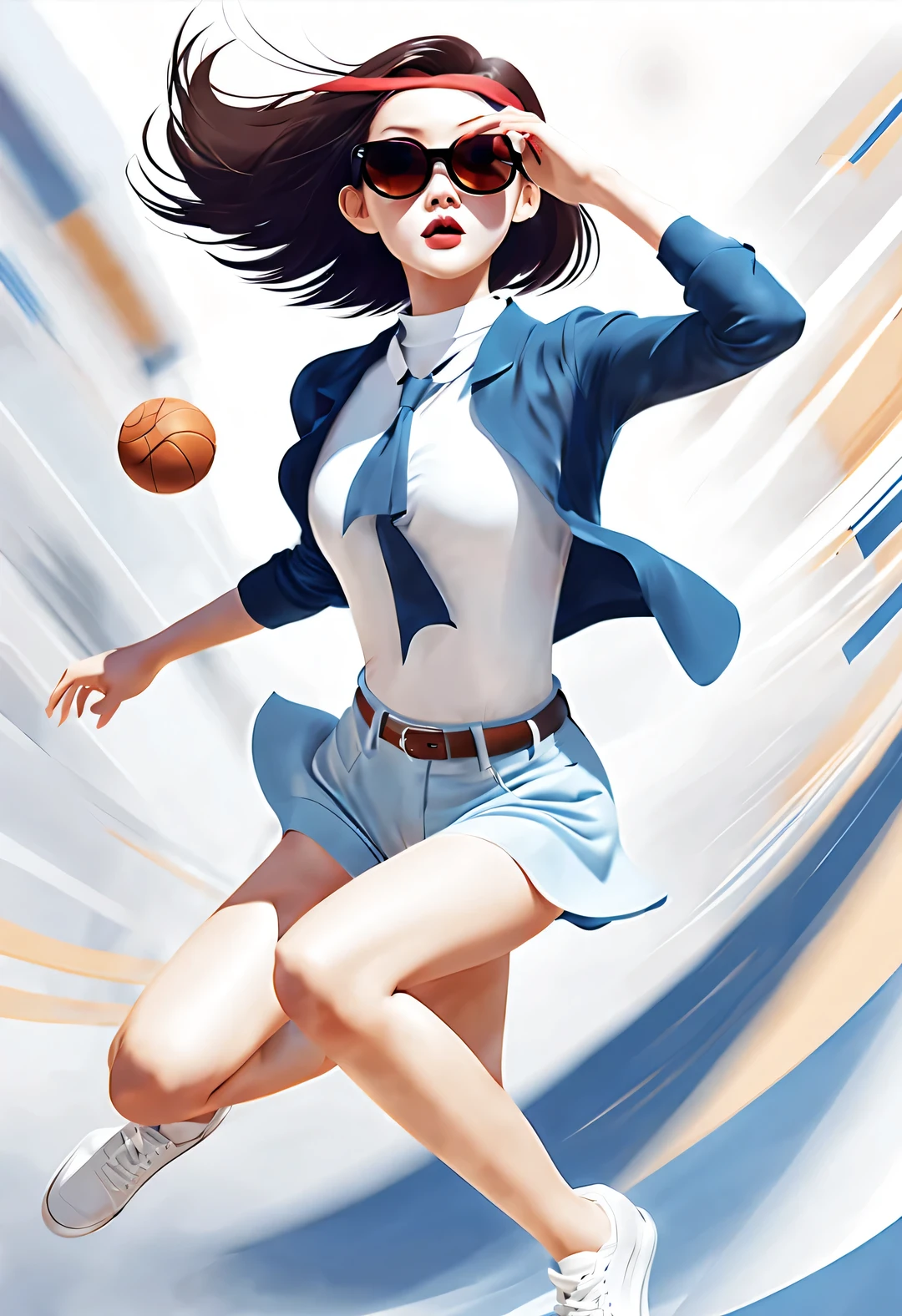 (Modern art dance poster design), (Half-length close-up), (Beautiful Chinese girl dancing in the air), (Wear modern fashionable winter fashion: 0.8), (Wearing large sunglasses: 1.2), Harmonious combination of classic and modern, An elegant combination of dark blue and brown，Highlight the retro charm without losing fashion sense. sweater, jeans, scarf, coat, Girl fair and flawless smooth skin, high nose bridge, and the posture of raising one’s head, sadness and beauty, slender figure, Exquisite facial features, Swirling mist, Noble temperament, illustration, ink painting, black hair, meatball head, messy, Proud, Surrealism, contemporary art photography, action painting illustration, abstract expressionism, Pixar, depth of field, motion blur, backlight, Falling shadows, gradually blurred, Elevation viewing angle, Sony FE General Manager, ultra high definition, masterpiece, Accuracy, textured skin, Super details, high detail, high quality, Award-winning, best quality, Level, 16k, Photographed from a bottom-up perspective,