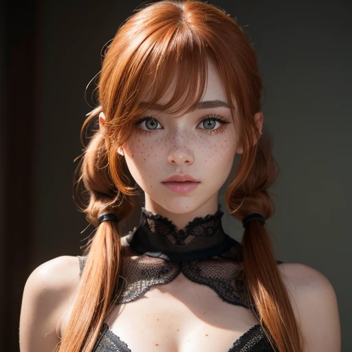 A highly detailed professional ultra-realistic 8k CG masterpiece of an elegant woman. She has asymetrical bangs, shining skin. She wears perfect makeup, red eyliner and black eye shadows. She has ((straight long ginger hair in loose twintails)) and cyan eyes. She wears a black turtle neck mini dress, cleavage and showing shoulders.  She has thigh highs and high heels. Her pretty face has a lot of ((freckles)).