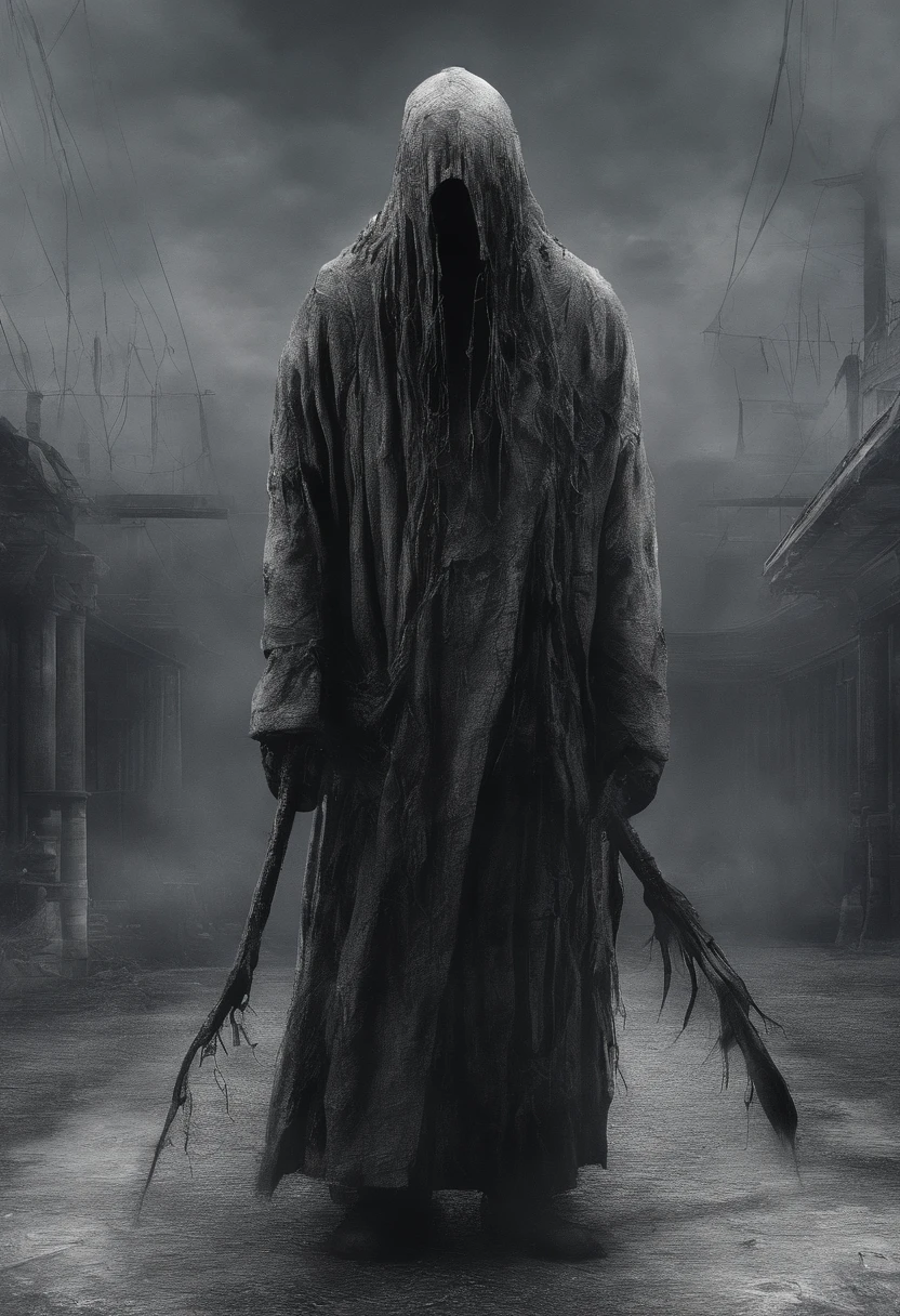 Upper body, very old, half of the face deformed and melted, scared, dirty, beggar, monster, short gray hair, pale and wrinkled skin, sparse beard, Yellowish pupils, Slouch posture, Piercing evil gaze, torn clothes, Cloak with raven feathers on the back, Body covered with bands and hood, fog, Dark gas station, horror, fear, scared, suspenseful, Mysterious