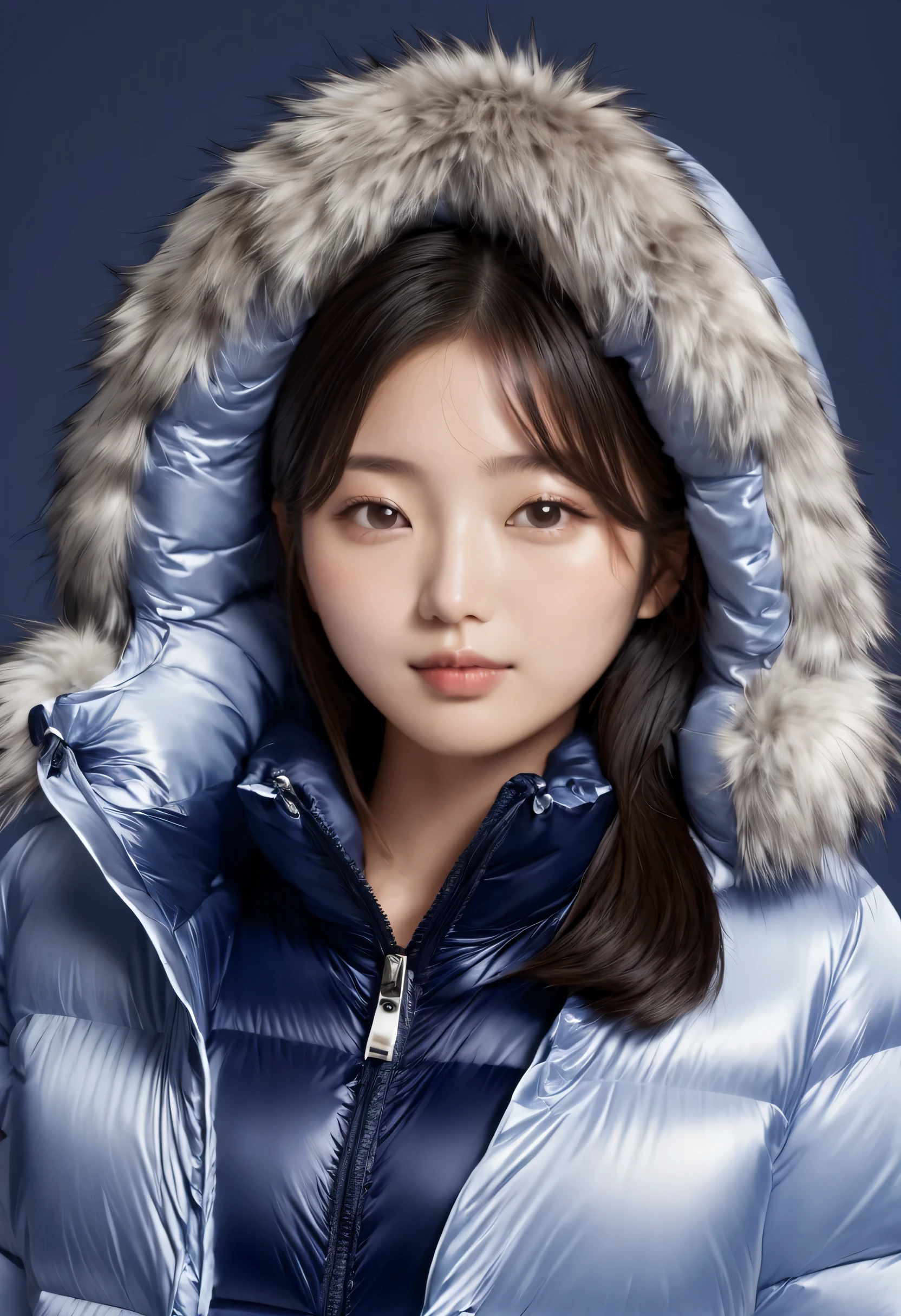 ((best quality)), ((masterpiece)), (detailed), perfect face, beautiful 16 year old Japanese woman, silk tight navy blue moncler puffer coat, seductive,  aroused, mouth open, ahegao, curvy figure, ((tight puffer coat)), fur hood, silk bra, large breasts, (open coat), cleavage, thick bra straps