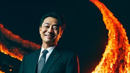 UHD image quality, The background is hell, lava, Dark sky, With Japan people、There is a man who is a politician, Man is wearing a suit, The man is smiling and looking sideways at the scenery