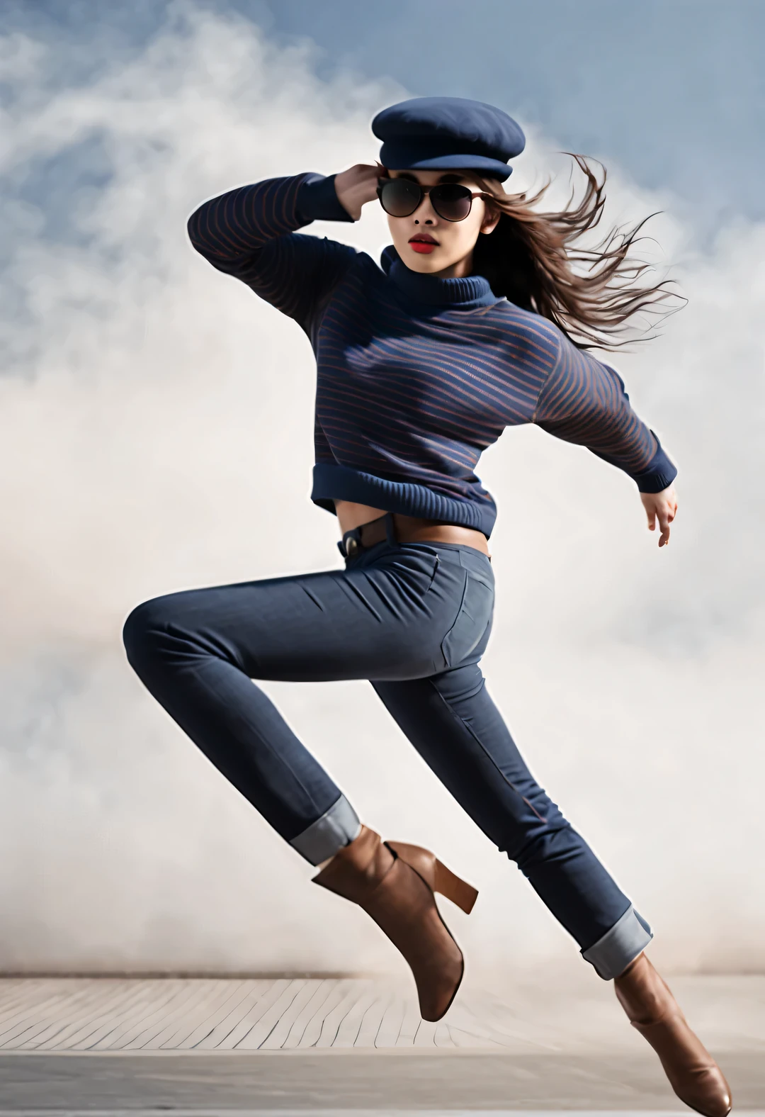 (Modern art dance poster design), (Half-length close-up), (Beautiful Chinese girl dancing in the air), (Wear modern fashionable winter fashion: 0.8), (Wearing big sunglasses and top hat: 1.2), Harmonious combination of classic and modern, An elegant combination of dark blue and brown，Highlight the retro charm without losing fashion sense. sweater, jeans, scarf, coat, Girl fair and flawless smooth skin, high nose bridge, Look up posture, sad yet beautiful, slender figure, Exquisite facial features, Swirling mist, Noble temperament, illustration, ink painting, black hair, meatball head, messy, Proud, Surrealism, contemporary art photography, action painting illustration, abstract expressionism, Pixar, depth of field, motion blur, backlight, Falling shadows, Gradient glow, Elevation viewing angle, Sony FE General Manager, ultra high definition, masterpiece, Accuracy, textured skin, Super details, high detail, high quality, Award-winning, best quality, Level, 16k, Photographed from a bottom-up perspective,