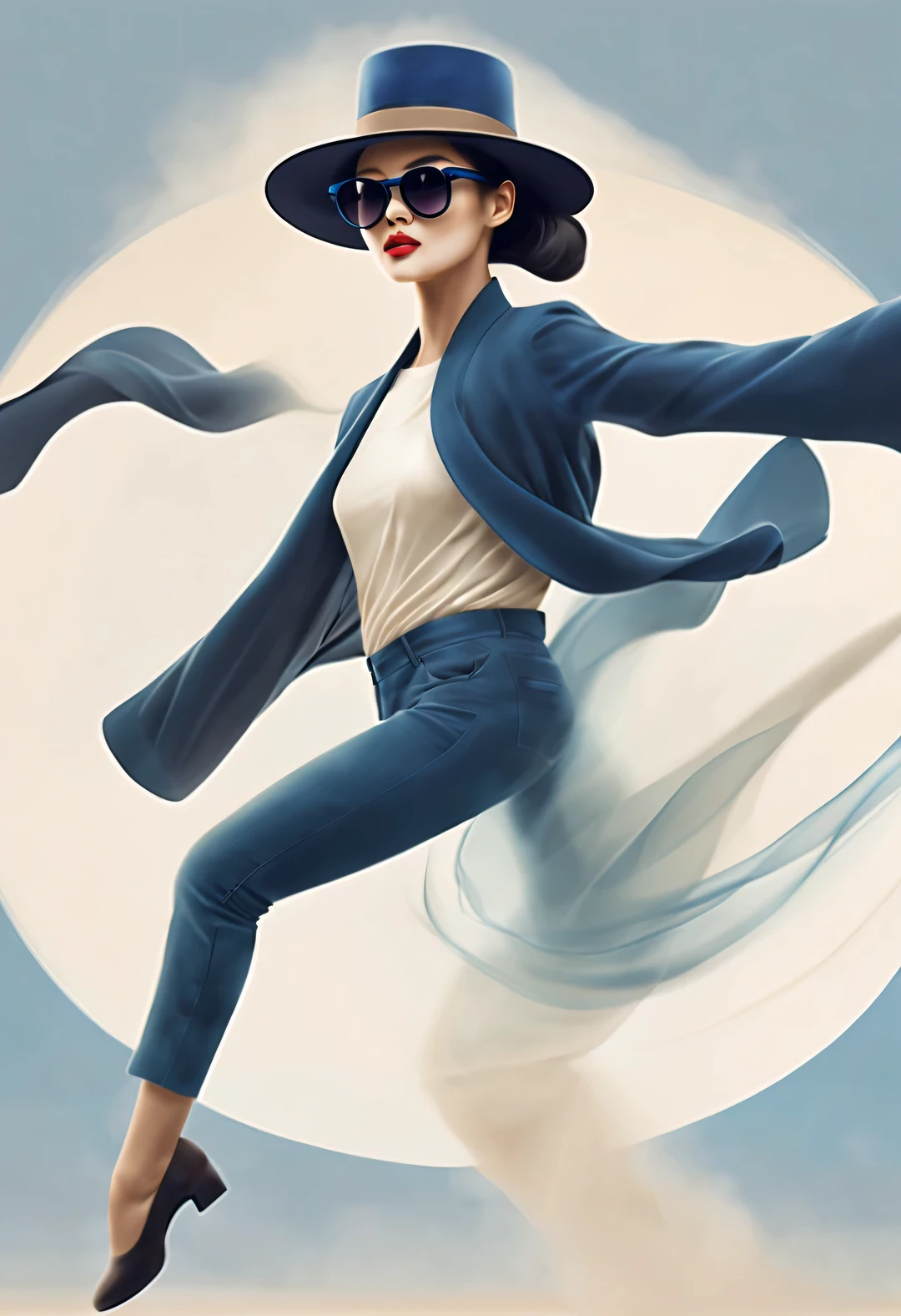 (Modern art dance poster design), (Half-length close-up), (Beautiful Chinese girl dancing in the air), (Wear modern fashionable winter fashion: 0.8), (Wearing big sunglasses and top hat: 1.2), Harmonious combination of classic and modern, An elegant combination of dark blue and brown，Highlight the retro charm without losing fashion sense. sweater, jeans, scarf, coat, Girl fair and flawless smooth skin, high nose bridge, Look up posture, sad yet beautiful, slender figure, Exquisite facial features, Swirling mist, Noble temperament, illustration, ink painting, black hair, meatball head, messy, Proud, Surrealism, contemporary art photography, action painting illustration, abstract expressionism, Pixar, depth of field, motion blur, backlight, Falling shadows, Gradient glow, Elevation viewing angle, Sony FE General Manager, ultra high definition, masterpiece, Accuracy, textured skin, Super details, high detail, high quality, Award-winning, best quality, Level, 16k, Photographed from a bottom-up perspective,