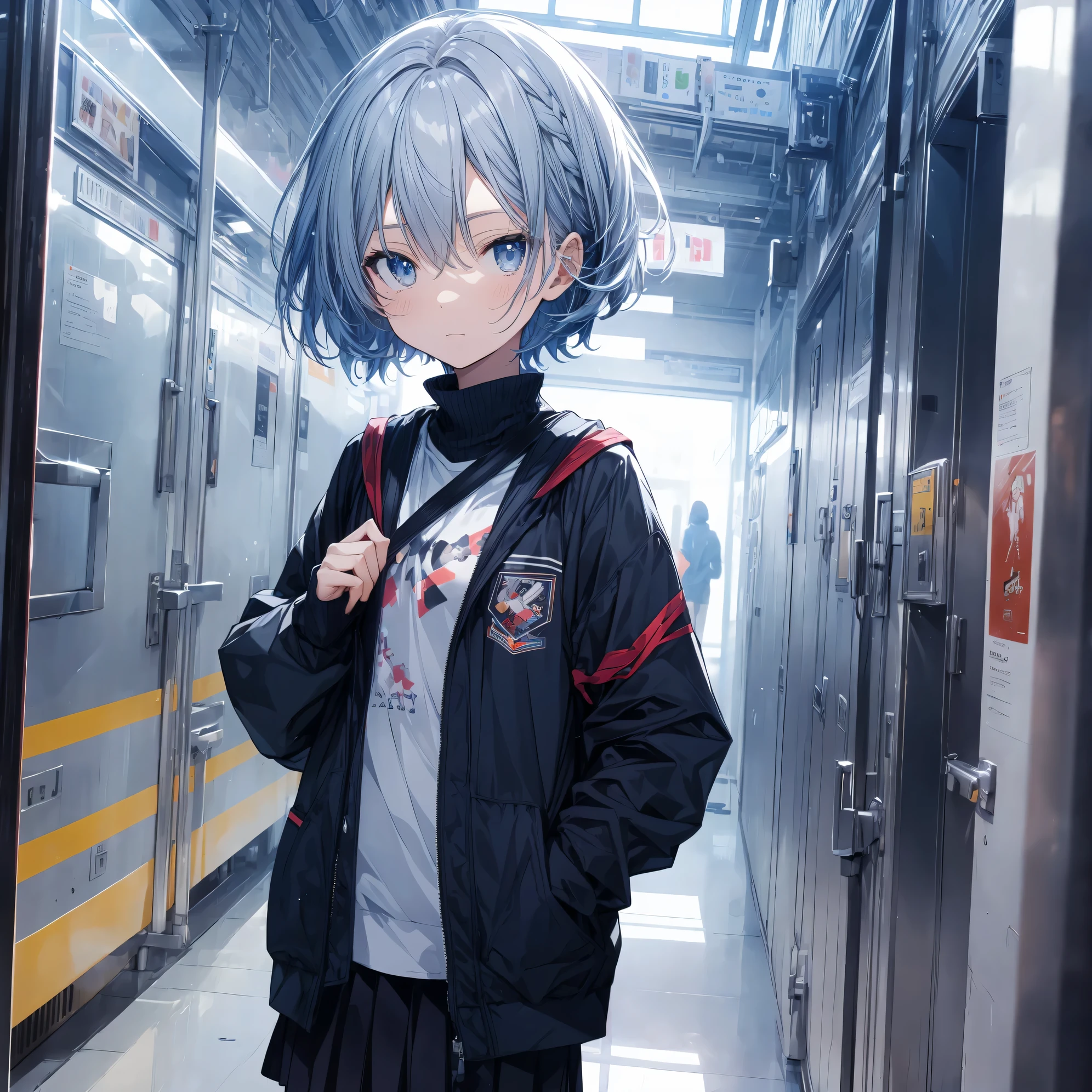 super highest quality, super detailed, High resolution, anime moe art style, best anime 8K konachan wallpaper, pixiv contest winner, perfect anatomy, break,(眠そうにalone学校へ行く女の子を描いてください. ),break, surreal high school girl, (alone,change, child,13 years old:1.3),All limbs, full finger,Middle school students, androgynous charm, (very short hair), messy hair, flat chest, small ass, between legs, Small black eyes,beautiful and fine eyes, Well-proportioned iris and pupils, disgusted eyes, High resolutionの詳細な髪, school uniform, (skirt), On the way to school. break,super dense skin, Best lighting by famous artists, 8K, figure,