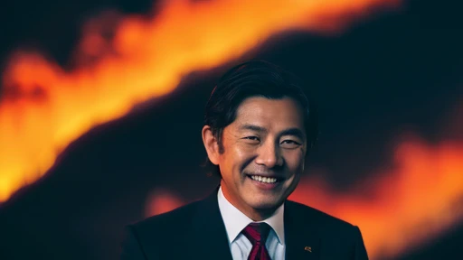 UHD image quality, The background is hell, lava, Dark sky, With Japan people、There is a man who is a politician, Man is wearing a suit, The man is smiling and looking sideways at the scenery