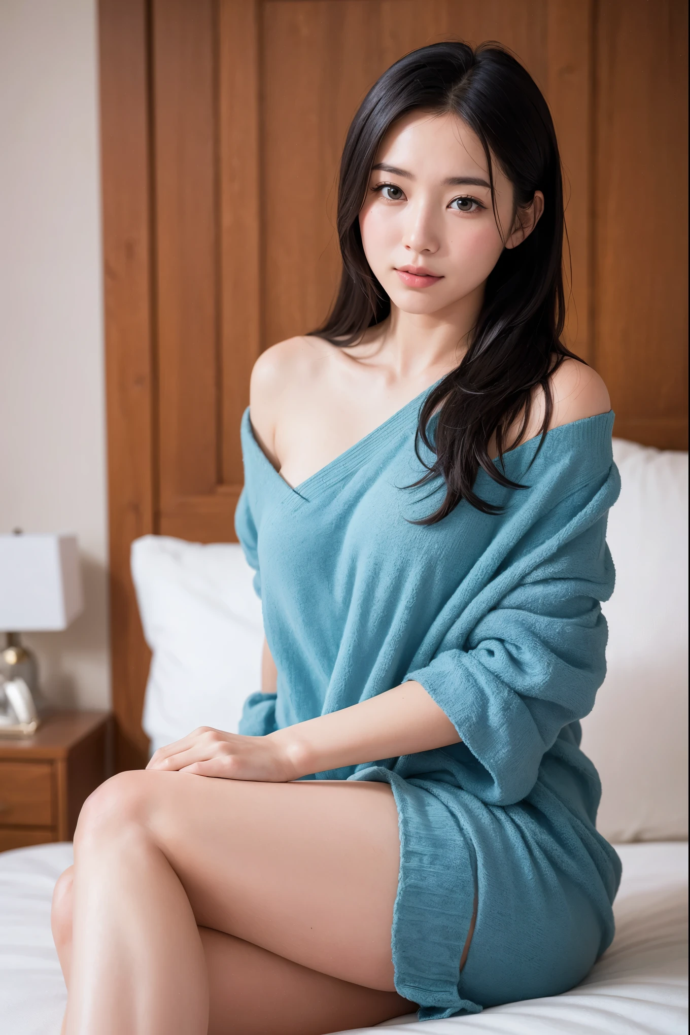 Ulchan-6500-v1.1, (RAW photo:1.2), (Photoreal), (genuine:1.4), １girl、perfect anatomy、42 years old、medium long hair、wrapped in a bath towel、((sitting on the bed:1.3))、