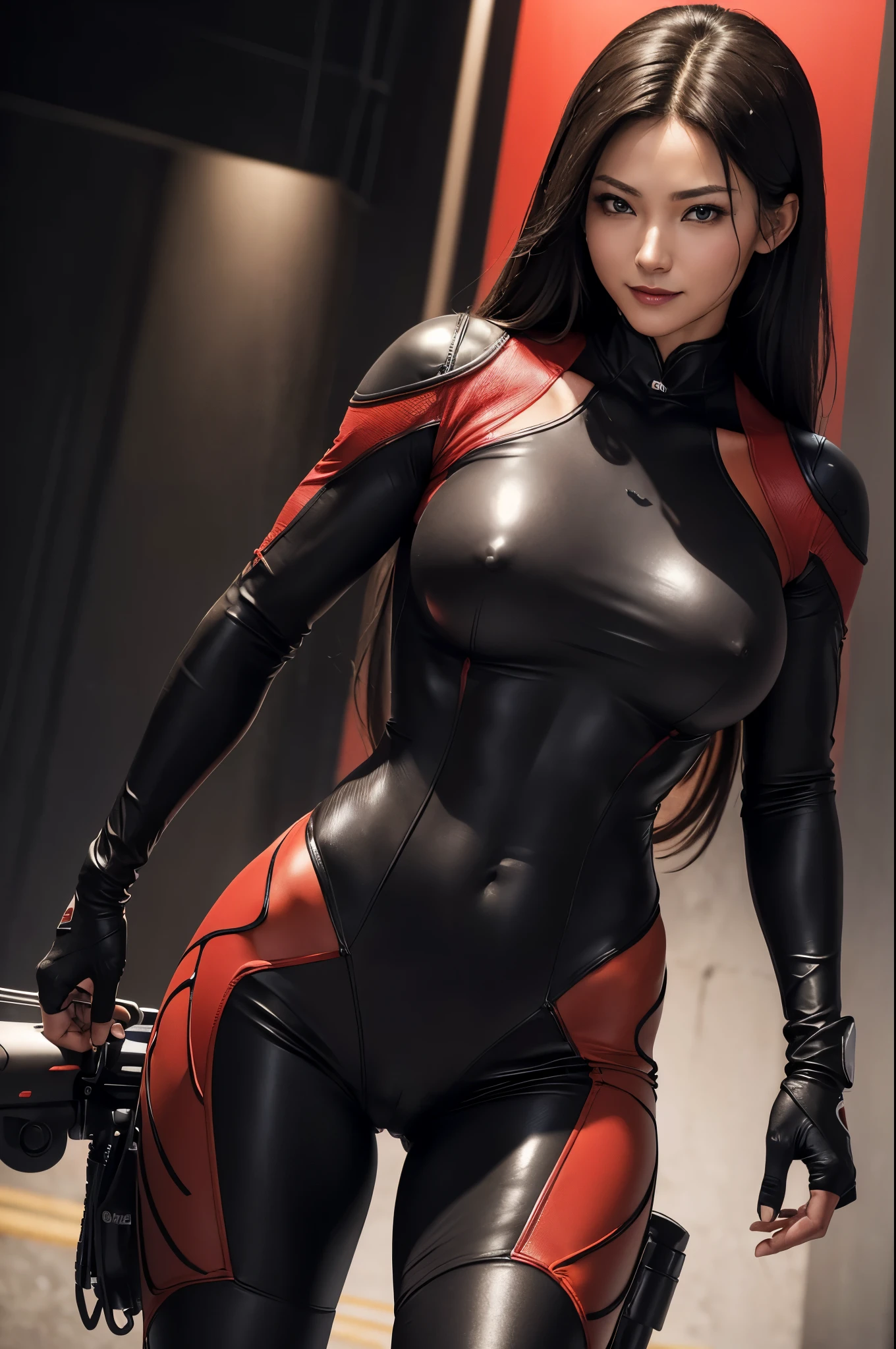 NSFW、red and black racing suit,bike,Black light、Real Art、Slender and muscular macho woman、Super beautiful(Like the real thing)、black eye、Super fine、1 milf、light brown mohawk hair、mature woman,cool smile、very big breasts、Glowing black eye、Slender and muscular macho mature woman、Slender and muscular lower body、豪華でセクシーなbikeスーツ,detailed light、An illustration、dynamic angle、Depth of bounds written、(((((())))、、Show me your fangs、(Super A)High resolution、best image quality)、(8K、Raw photo、best image quality、masterpiece)、technical sense、best image quality、masterpiece、enlightenment、cg、sense of unity、wallpaper、official art、amazing、finely、very delicate and beautiful、attention to detail、attention to detail、Sharp in focus、rich background、(real human being、image)、((High resolutionスキン))、fantasy art、Shoulder muscles、muscular abs、Arm muscles,super realistic skin、look at the audience,Violent and strongly cracked abdominal muscles,Tsunagi,8K,Motorcycles,セクシーなvery big breastsの谷間,long sleeve(Red and black see-through leather racing suit),