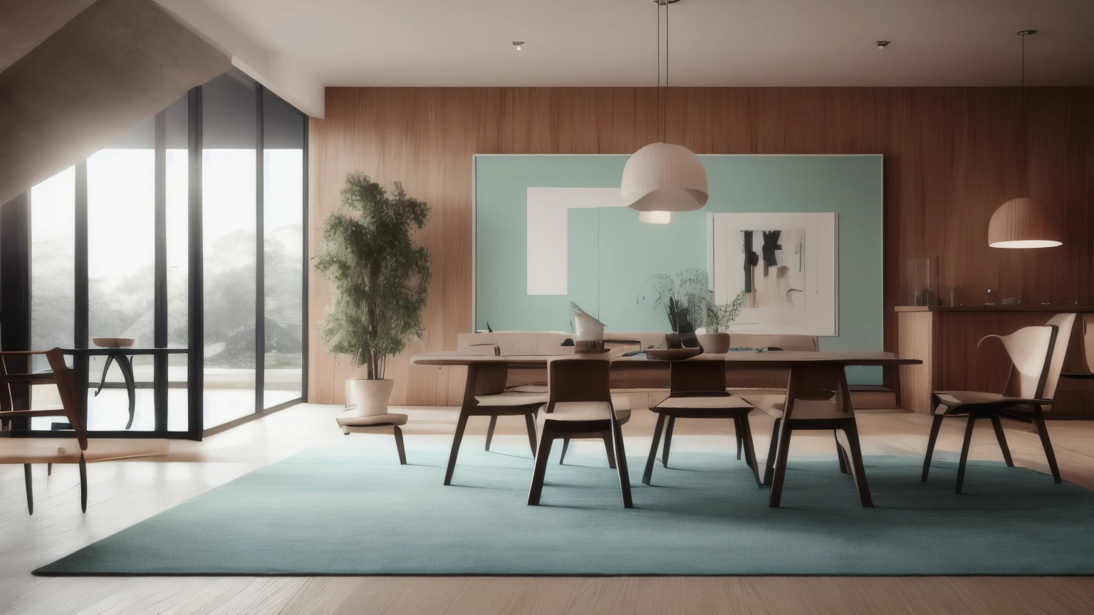 hyper ultra realistic photographs full body of Mint color chairs at round wooden dining table in room with sofa and cabinet near green wall. Scandinavian, mid-century home interior design of modern living room. ratio 16:9, 4k, 8k resolution, High quality photo, high detailed, imagesharp focus, Cinematic lighting,hyperdetailed & Unreal engine, detail, realism, photography,cinematography, camera NIKON, lens NIKKOR flagship, masterpiece. hyper-maximalism, ultradetailed photorealistic, light skin imperfections, final render, vray