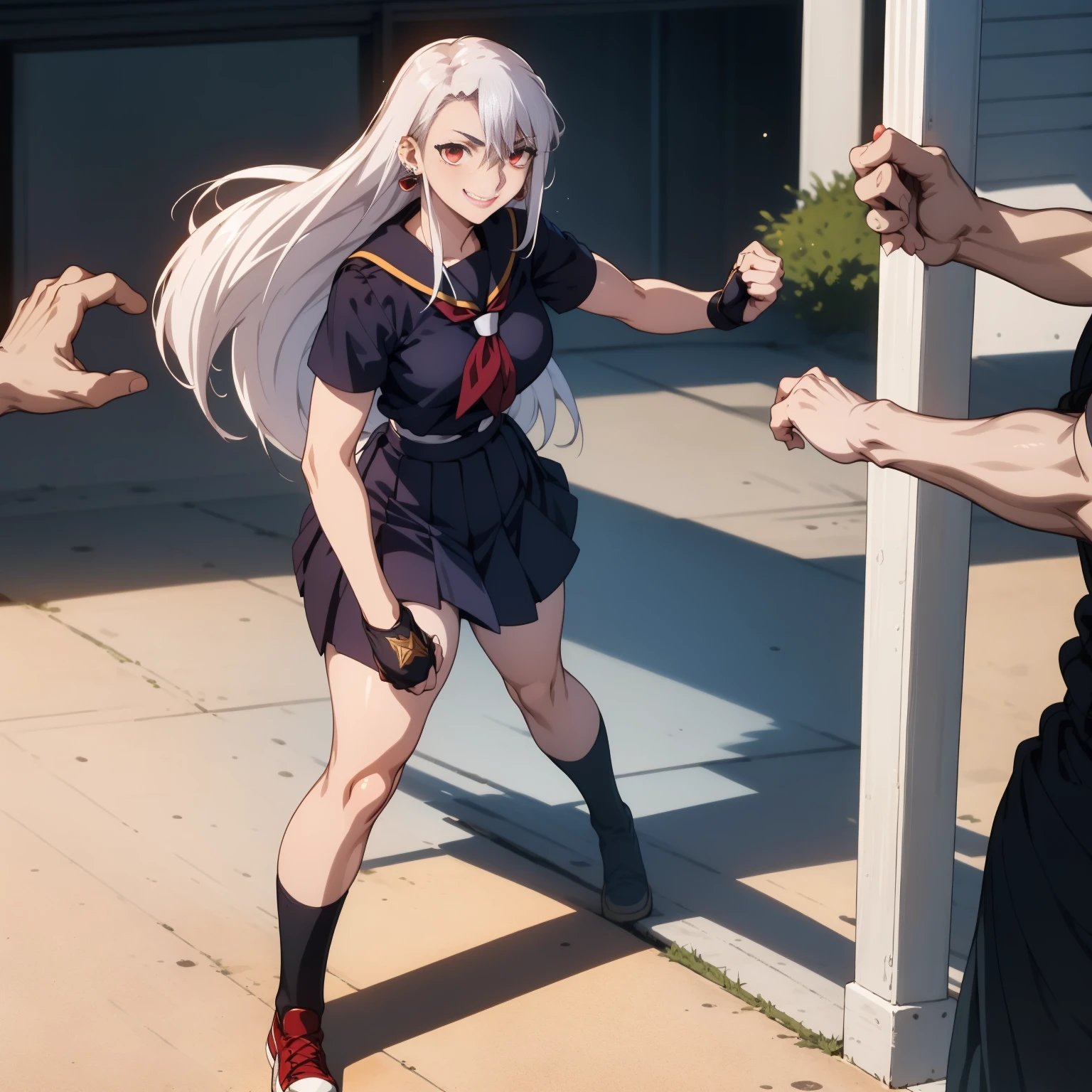 sukeban illyasviel_von_einzbern, mature_female, silver hair, holding yoyo, combat pose, full body, flowing hair, hair between the eyes, asymmetrical hair, red eyes, delicate facial features, sukeban deka clothe, looking_at_viewer, outdoors, background tokyo, ((solo, solo focus, solo girl,1girl))+++++,woman in a 80's sukeban seifuku standing on a set of strees, black school uniform, 80's japanese sukeban photo, sukeban seifuku,  80's japan, sukeban, long black skirt, red converse, full body, light skin tone female, full body, tape, arm_support, gloves, red_gloves, bridal gauntlets, blackred_footwear, fighter outfit, full body, hourglass, mature face, cheeky smile, cheeky face, wrinkles,( silver long hair, earrings, ear piercings), realistic, (fighting art, Martial arts, standing, fighting_stance, fight, fighting), extra colors, 2D, megapixel, perfectionism, accent lighting, full HD , 4K, masterpiece, empty red eyes