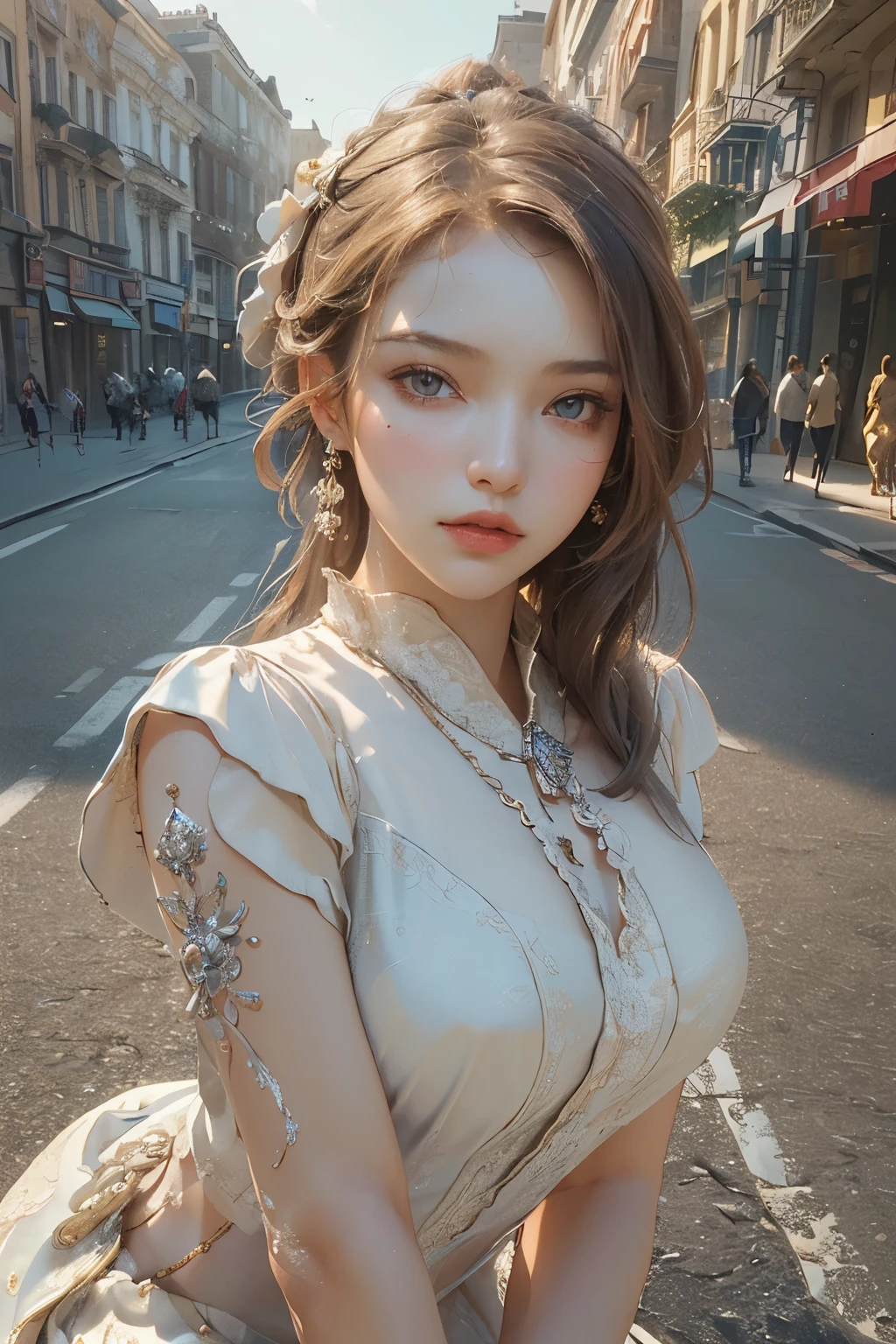 (Best Quality), ((Masterpiece), (Detail: 1.4), 3D, A Photo of a Beautiful Woman on the Street, HDR (High Dynamic Range), Ray Tracing, NVIDIA RTX, Super-Resolution, Unreal 5, Subsurface Scattering, PBR Textures, Post Processing, Anisotropic Filtering, Depth of Field, Maximum Sharpness and Sharpness, Multi-layer Textures, Albedo and Highlight Maps, Surface Shading, Accurate simulation of light-material interactions, perfect proportions, Octane Render, two-color light, large aperture, low ISO, white balance, rule of thirds, 8K RAW,