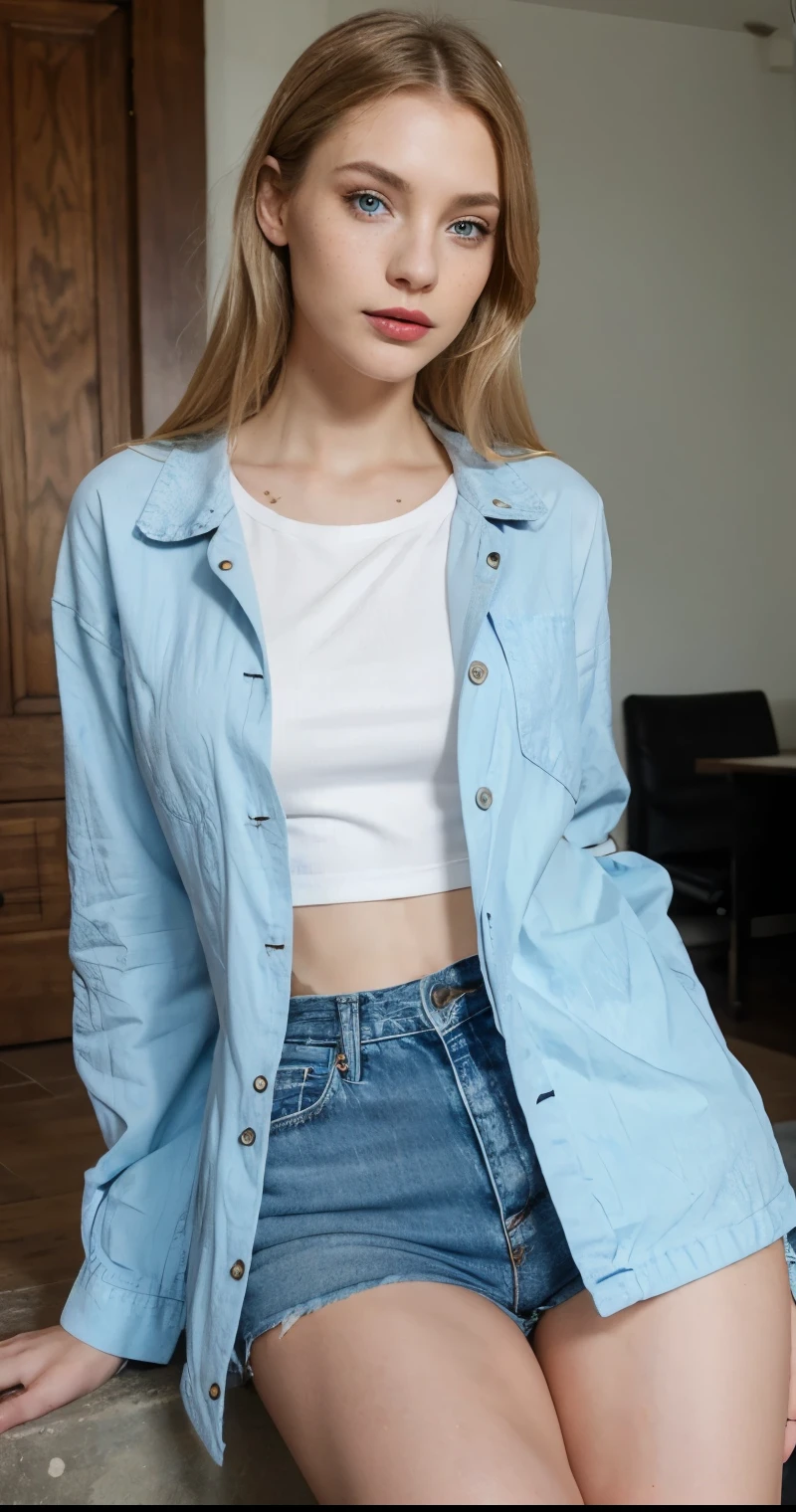 Beautiful skinny girl, elongated face and thin chin, freckles, blonde, blue eyes, red lipstick, beautiful makeup, white skin, tattoo written on the forearm, beautiful patterned top, denim shorts,a beautiful jean coat, white cotton shoes, sexy style