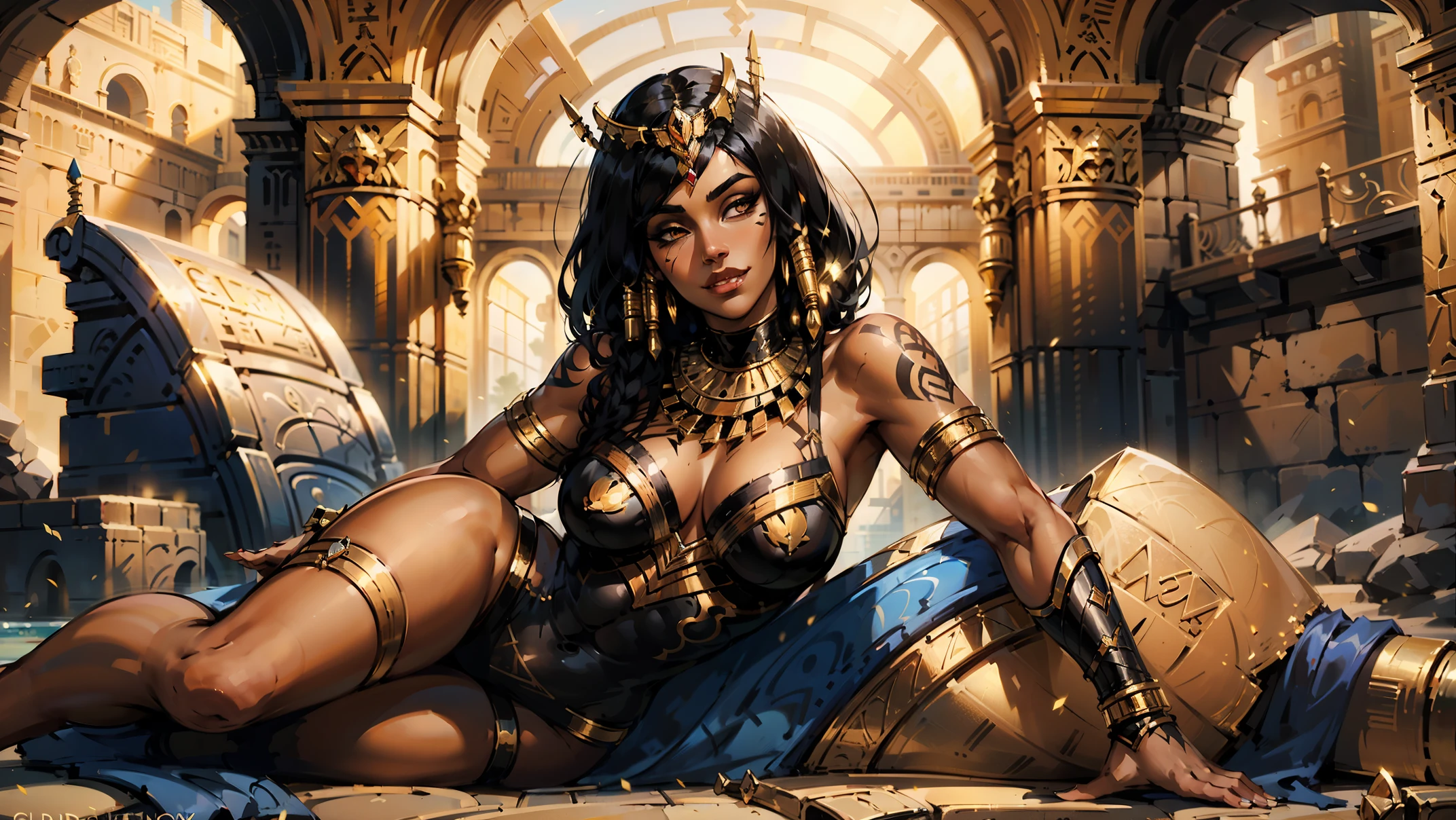 hyper realistic, highly detailed masterpiece of beautiful Egyptian queen laying on her thrown in her egyptian palace, Pharah from Overwatch, curvy thick body , tanned skin , black braided hair, golden accessories, jewelries, egyptian crown, cheek tattoo, muscular body shape , white nuisette , seductive look , provocative grin, makeup