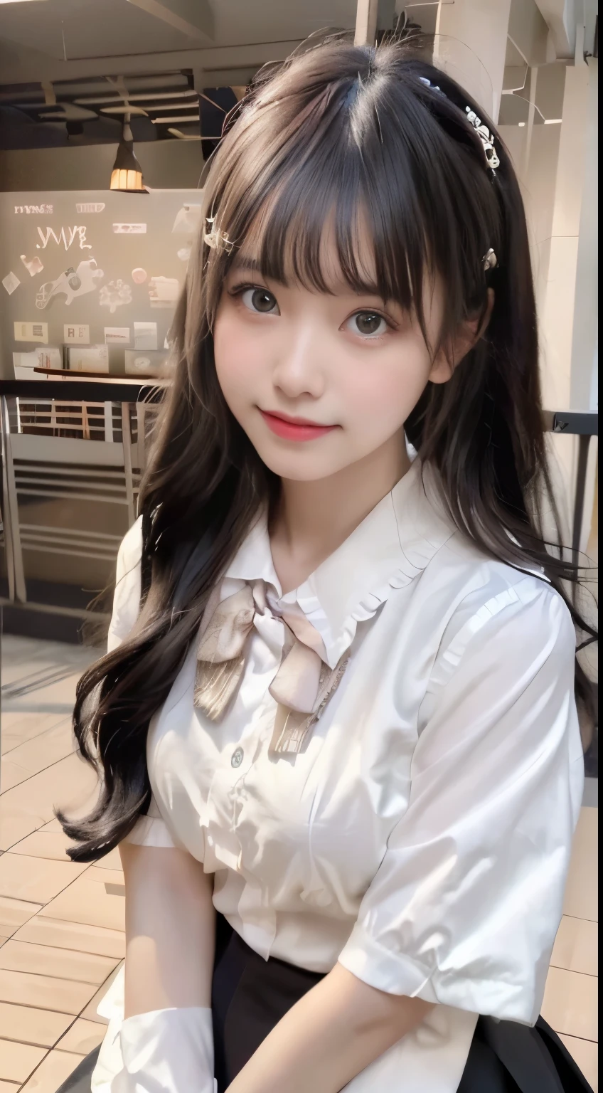 smile, (super fine illustration,8K CG wallpaper,best quality,extremely detailed,ultra high res,best aesthetic),(cowboy shot),(age,beautiful girl,cute girl),(beautiful black eyes,beautiful black hair,kawaii hair),((arms behind back)),(blush),((saggy breasts,big aleolae)),(school uniform,beige cardigan),(shibuya:1.1,street),