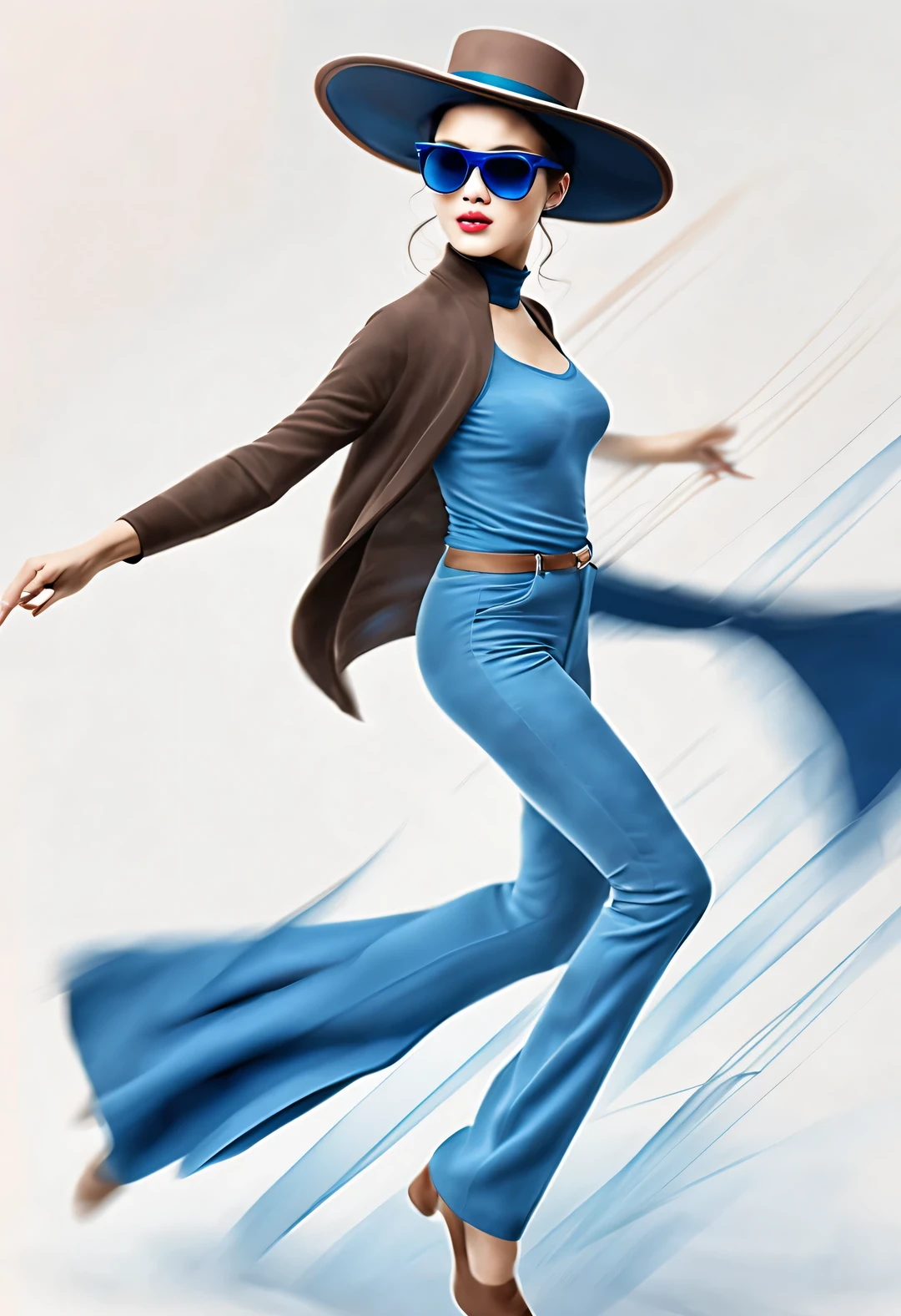 (Modern art dance poster design), (Half-length close-up), (Beautiful Chinese girl dancing in the air), (Wear modern fashionable winter fashion: 0.8), (Wearing big sunglasses and top hat: 1.2), Harmonious combination of classic and modern, An elegant combination of dark blue and brown，Highlight the retro charm without losing fashion sense. sweater, jeans, scarf, coat, Elegance, Girl fair and flawless smooth skin, high nose bridge, Head up posture, sad yet beautiful, slender figure, Exquisite facial features,
swirling fog illustration, ink painting, black hair, a ball head, Proud, Surrealism, contemporary art photography, action painting illustration, abstract expressionism, Pixar, depth of field, motion blur, backlight, Fall out, decline, Elevation viewing angle, Sony FE General Manager, ultra high definition, masterpiece, Accuracy, textured skin, Super details, high detail, high quality, Award-winning, best quality, Level, 16k, Shot from a bottom-up perspective,