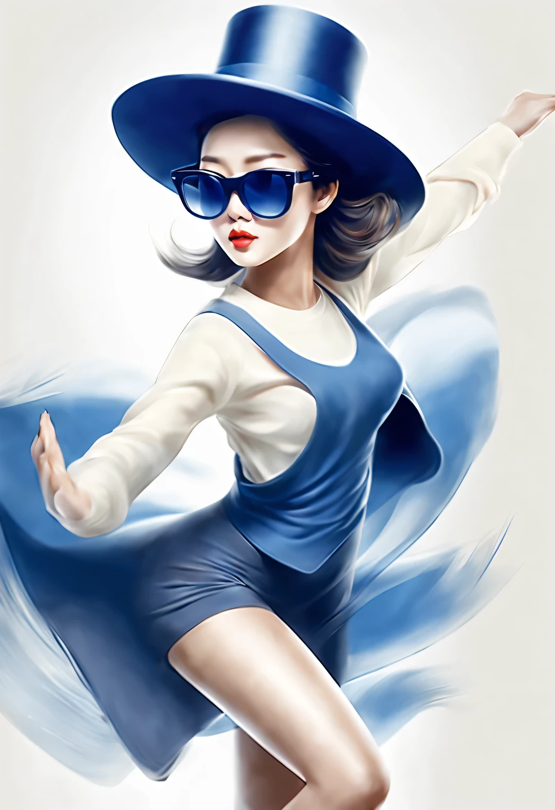 (Modern art dance poster design), (Half-length close-up), (Beautiful Chinese girl dancing in the air), (Wear modern fashionable winter fashion: 0.8), (Wearing big sunglasses and top hat: 1.2), Harmonious combination of classic and modern, An elegant combination of dark blue and brown，Highlight the retro charm without losing fashion sense. sweater, jeans, scarf, coat, Elegance, Girl fair and flawless smooth skin, high nose bridge, Head up posture, sad yet beautiful, slender figure, Exquisite facial features,
swirling fog illustration, ink painting, black hair, a ball head, Proud, Surrealism, contemporary art photography, action painting illustration, abstract expressionism, Pixar, depth of field, motion blur, backlight, Fall out, decline, Elevation viewing angle, Sony FE General Manager, ultra high definition, masterpiece, Accuracy, textured skin, Super details, high detail, high quality, Award-winning, best quality, Level, 16k, Shot from a bottom-up perspective,