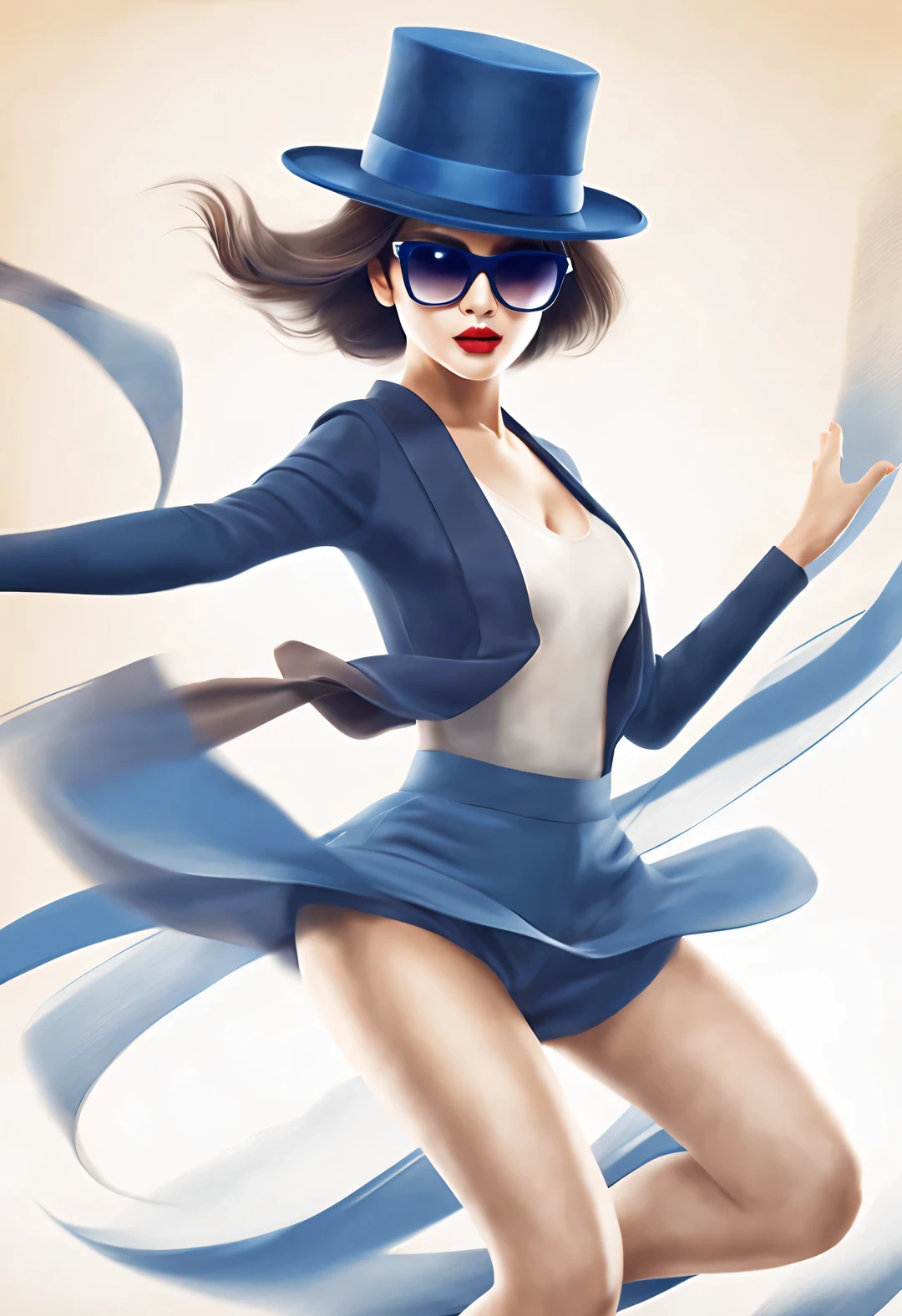 (Modern art dance poster design), (Half-length close-up), (Beautiful Chinese girl dancing in the air), (Wear modern fashionable winter fashion: 0.8), (Wearing big sunglasses and top hat: 1.2), Harmonious combination of classic and modern, An elegant combination of dark blue and brown，Highlight the retro charm without losing fashion sense. sweater, jeans, scarf, coat, Elegance, Girl fair and flawless smooth skin, high nose bridge, Head up posture, sad yet beautiful, slender figure, Exquisite facial features,
swirling fog illustration, ink painting, black hair, a ball head, Proud, Surrealism, contemporary art photography, action painting illustration, abstract expressionism, Pixar, depth of field, motion blur, backlight, Fall out, decline, Elevation viewing angle, Sony FE General Manager, ultra high definition, masterpiece, Accuracy, textured skin, Super details, high detail, high quality, Award-winning, best quality, Level, 16k, Shot from a bottom-up perspective,