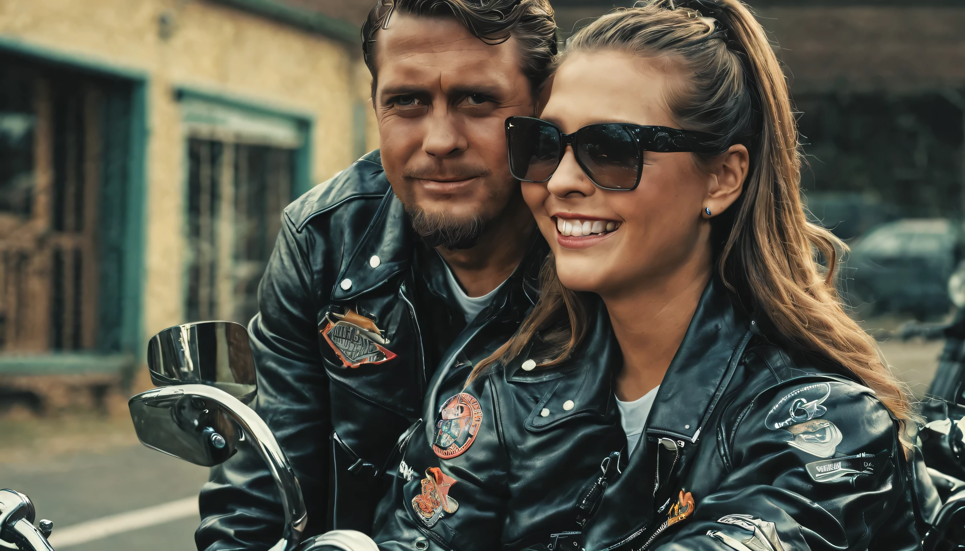 (hyper realistic, photorealistic, 4k, UHD, intricate details, 1 girl, 1 guy, long shot) A 1950's portrait of Anton and his beautiful girlfriend, they are sitting on a motorcycle wearing their Harley Davidson Jackets, she is holding him and looks over his shoulder, they both are smiling, looking at the camera, cinematic, keyword Anton