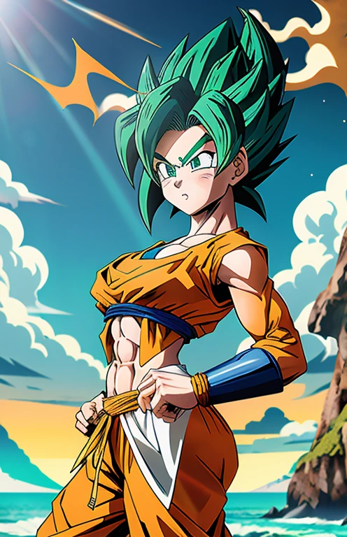 Dragon Ball Goku na praia, garota saiyajin, estilo de arte de dragon ball, high definition art, estilo dragon ball z, Goku Feminino, Broly, arte em alta qualidade, Dragon ball style, arte conceitual de Dragon Ball, estilo anime 4k, fanart requintada altamente detalhada, estilo de arte de anime de alta qualidade, arte oficialwork, arte oficial, fantastic artstyle, fanart de alta qualidade