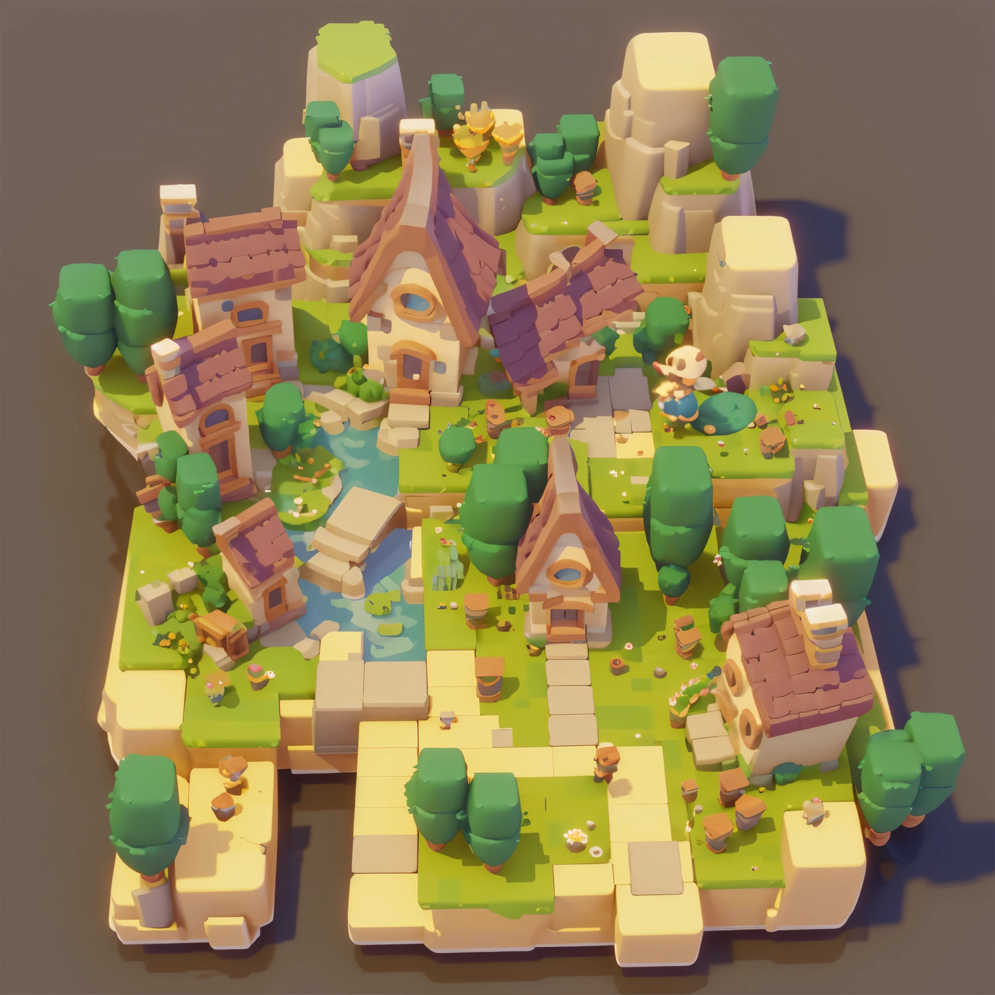 Game architectural design, cartoon, town, Stone, bricks, grassland, river, flowers, casual game style, 3D, mixer, masterpiece, Super details, best quality