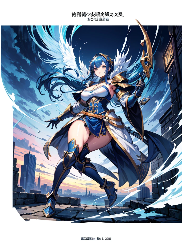 （（（masterpiece、Highest image quality、highest quality、highly detailed unity 8ｋwallpaper）））、（（Illustration of one girl））、（（（beautiful girl）））、blue hair、stocky build, thickset physique：1.3, muscular legs, broad shoulders, solid chest、（adventurer）、white armor、Medieval city