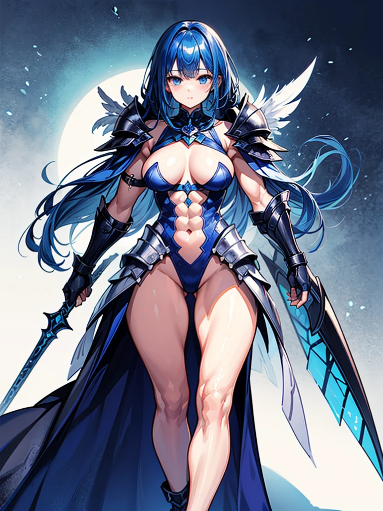 （（（masterpiece、Highest image quality、highest quality、highly detailed unity 8ｋwallpaper）））、（（Illustration of one girl））、（（（beautiful girl）））、blue hair、stocky build, thickset physique：1.3, muscular legs, broad shoulders, solid chest、（adventurer）、white armor、Medieval city