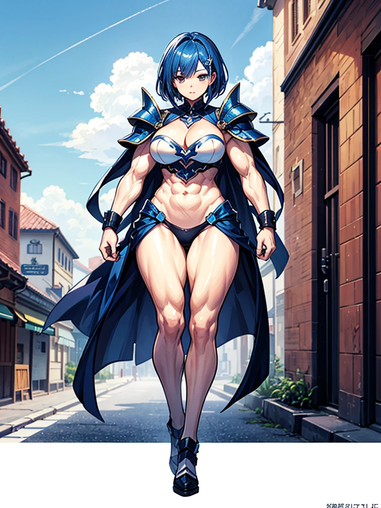 (((masterpiece、Highest image quality、highest quality、highly detailed unity 8kwallpaper)))、((Illustration of one girl))、(((beautiful girl)))、blue hair、stocky build, thickset physique:1.3, muscular legs, broad shoulders, solid chest、(adventurer)、white armor、Medieval city