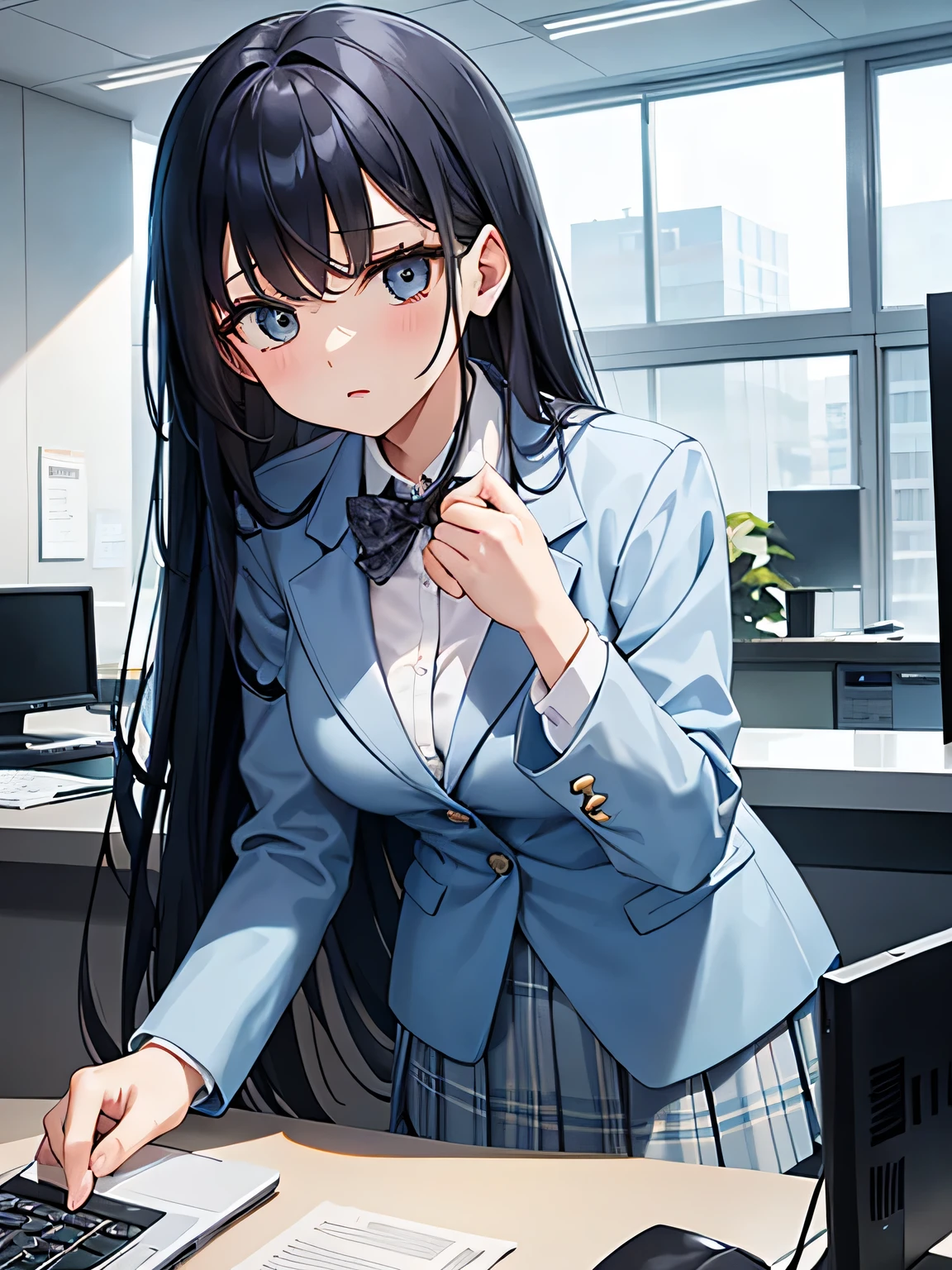 (1) A woman is waiting at the company&#39;s reception counter..
(2) The woman is wearing a light blue blazer and a light blue skirt.
(3) she has long black hair.
(4) her expression is cold and cold.
(5) The location is the company&#39;s reception counter..