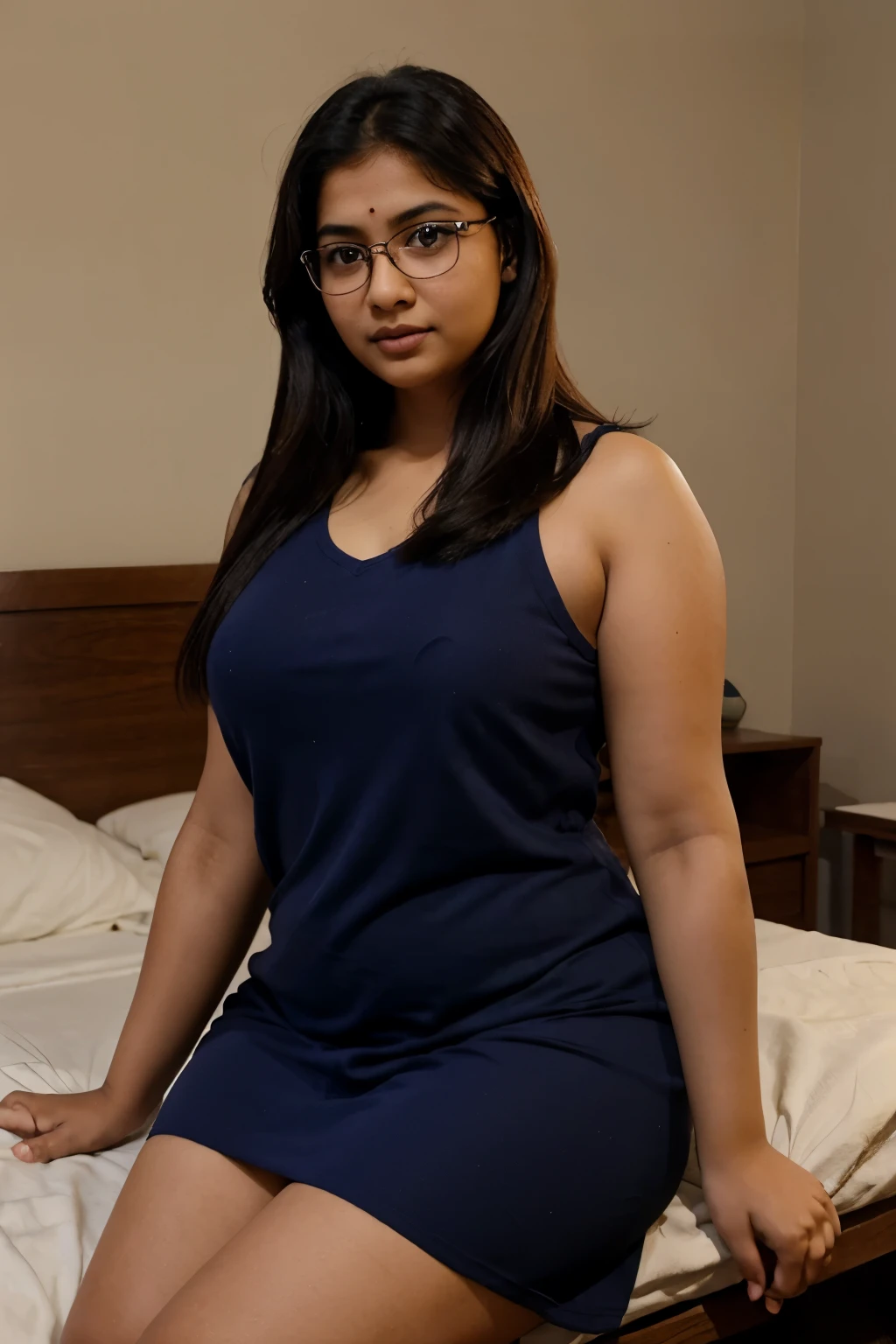 Indian woman wearing night dress, (young woman), 20 years old, (chubby cheeks:1.2), (curvy body:1.1), (eyeglasses), (bindi), An Indian beauty, charismatic, light Indian- skin, view the viewer, in bedroom, (detailed facial features), full-body shot, hd, 2k, 4k , 8k, 16k.