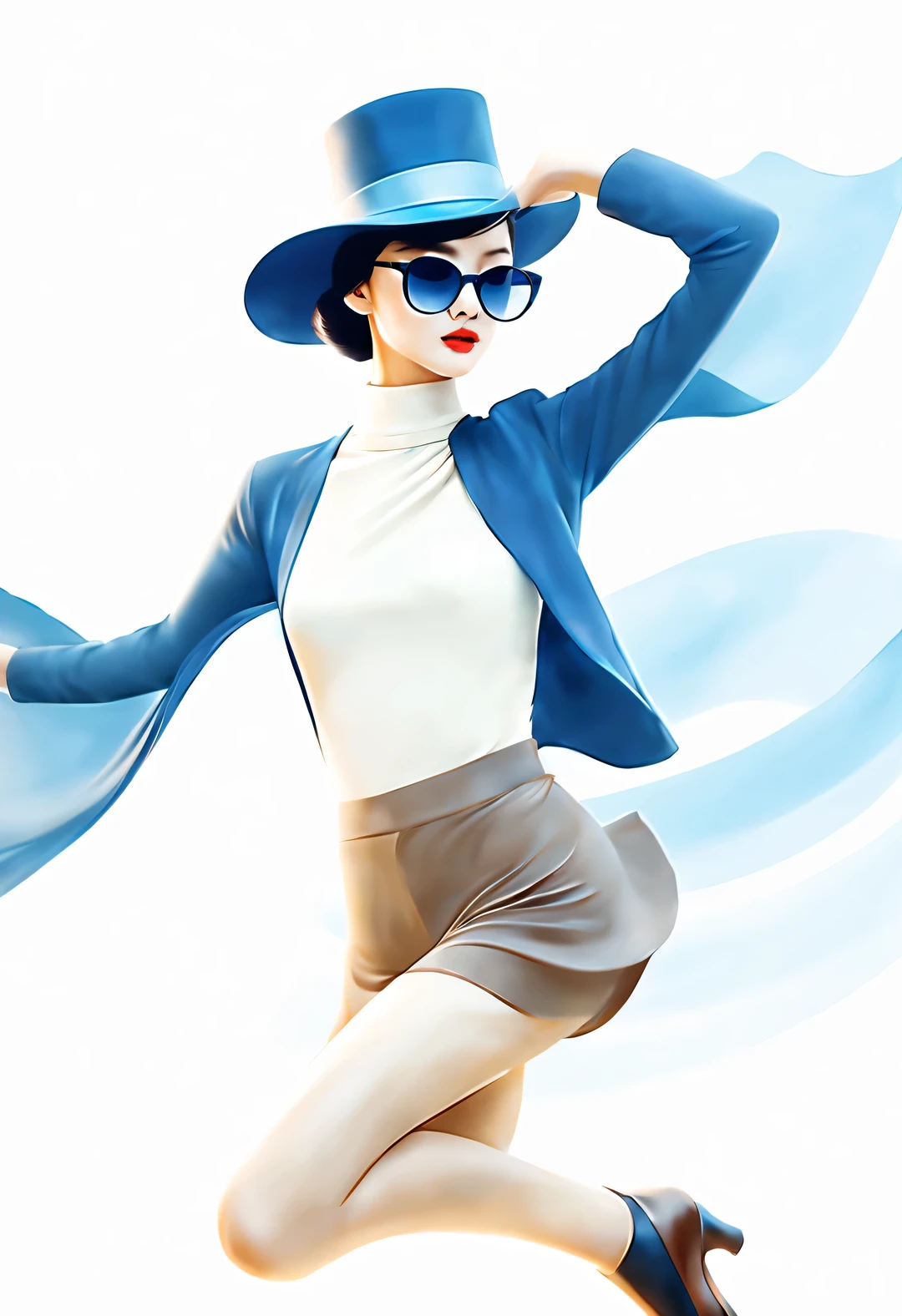 (Modern art dance poster design), (Half-length close-up), (Beautiful Chinese girl dancing in the air), (Wear modern fashionable winter fashion: 0.8), (Wearing big sunglasses and top hat: 1.2), Harmonious combination of classic and modern, An elegant combination of dark blue and brown，Highlight the retro charm without losing fashion sense. sweater, jeans, scarf, coat, Elegance, Girl fair and flawless smooth skin, high nose bridge, Head up posture, sad yet beautiful, slender figure, Exquisite facial features,
swirling fog illustration, ink painting, black hair, a ball head, Proud, Surrealism, contemporary art photography, action painting illustration, abstract expressionism, Pixar, depth of field, motion blur, backlight, Fall out, decline, Elevation viewing angle, Sony FE General Manager, ultra high definition, masterpiece, Accuracy, textured skin, Super details, high detail, high quality, Award-winning, best quality, Level, 16k, Shot from a bottom-up perspective,