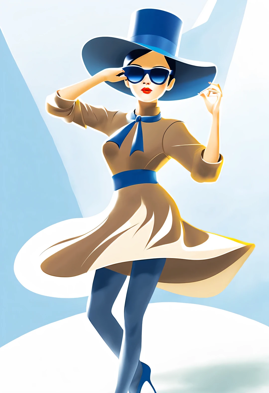 (Modern art dance poster design), (Half-length close-up), (Beautiful Chinese girl dancing in the air), (Wear modern fashionable winter fashion: 0.8), (Wearing big sunglasses and top hat: 1.2), Harmonious combination of classic and modern, An elegant combination of dark blue and brown，Highlight the retro charm without losing fashion sense. sweater, jeans, scarf, coat, Elegance, Girl fair and flawless smooth skin, high nose bridge, Head up posture, sad yet beautiful, slender figure, Exquisite facial features,
swirling fog illustration, ink painting, black hair, a ball head, Proud, Surrealism, contemporary art photography, action painting illustration, abstract expressionism, Pixar, depth of field, motion blur, backlight, Fall out, decline, Elevation viewing angle, Sony FE General Manager, ultra high definition, masterpiece, Accuracy, textured skin, Super details, high detail, high quality, Award-winning, best quality, Level, 16k, Shot from a bottom-up perspective,