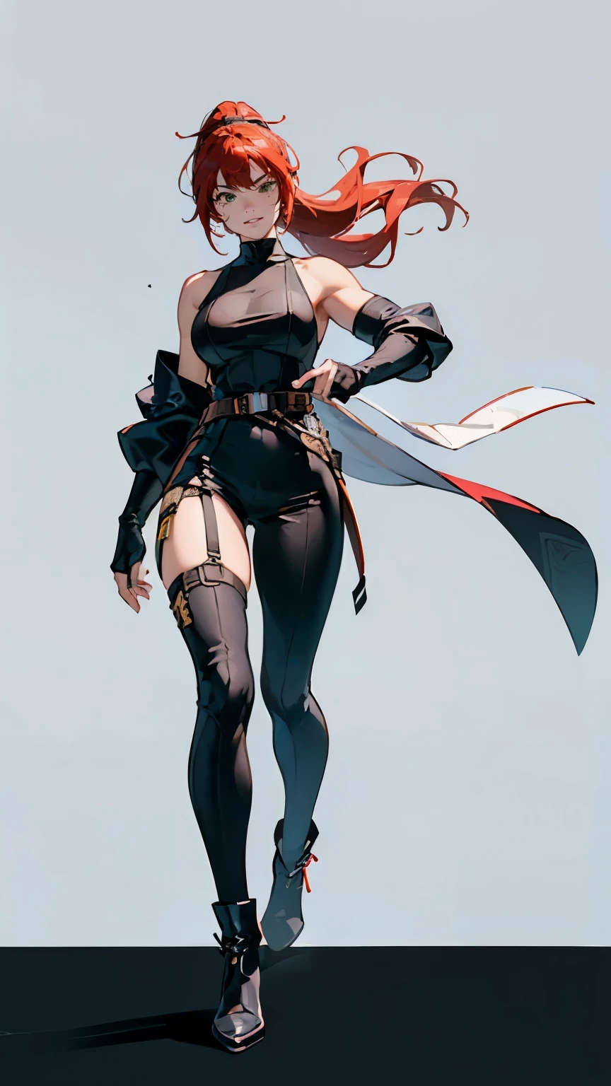 ((masterpiece,best quality,8k,highres)),((character concept art)), 1 female, young adult female, secret spy agent, 175 cm height, long hair, ponytail, curtain hair bangs, (apple red hair colour), ultra finely detailed eyes (green eyes colour), extraordinary gorgeous, charming, smirk smile, warm smile, gentle smile, perfect body build ((muscular)), ((intricate detail)), super finely detailed hands, ultra finely detailed fingers(((ten fingers))), sleeveless secret spy agent outfit (black outfit colour), pouches on waist, tool belt, black boots, (standing still), (full body showcase), (show full body), (no logos on background), (no logo), ((plain background)), ((plain background)), (((empty background)))