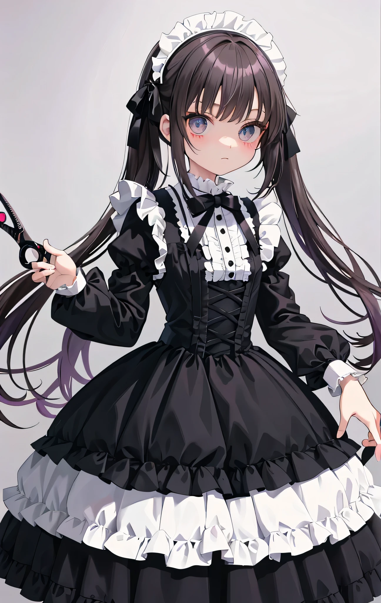 there is a woman skirted in a costume holding a pair of scissors,  maid，skirt, Portrait of radical lolita girl, maid outfit, anime girl in a maid costume, Anime Girls Cosplay, maid skirt, Portrait of a magical Lolita girl, victorian gothic lolita fashion, lolita style, gothic maiden anime girl, lolita fashion, perfect android girl