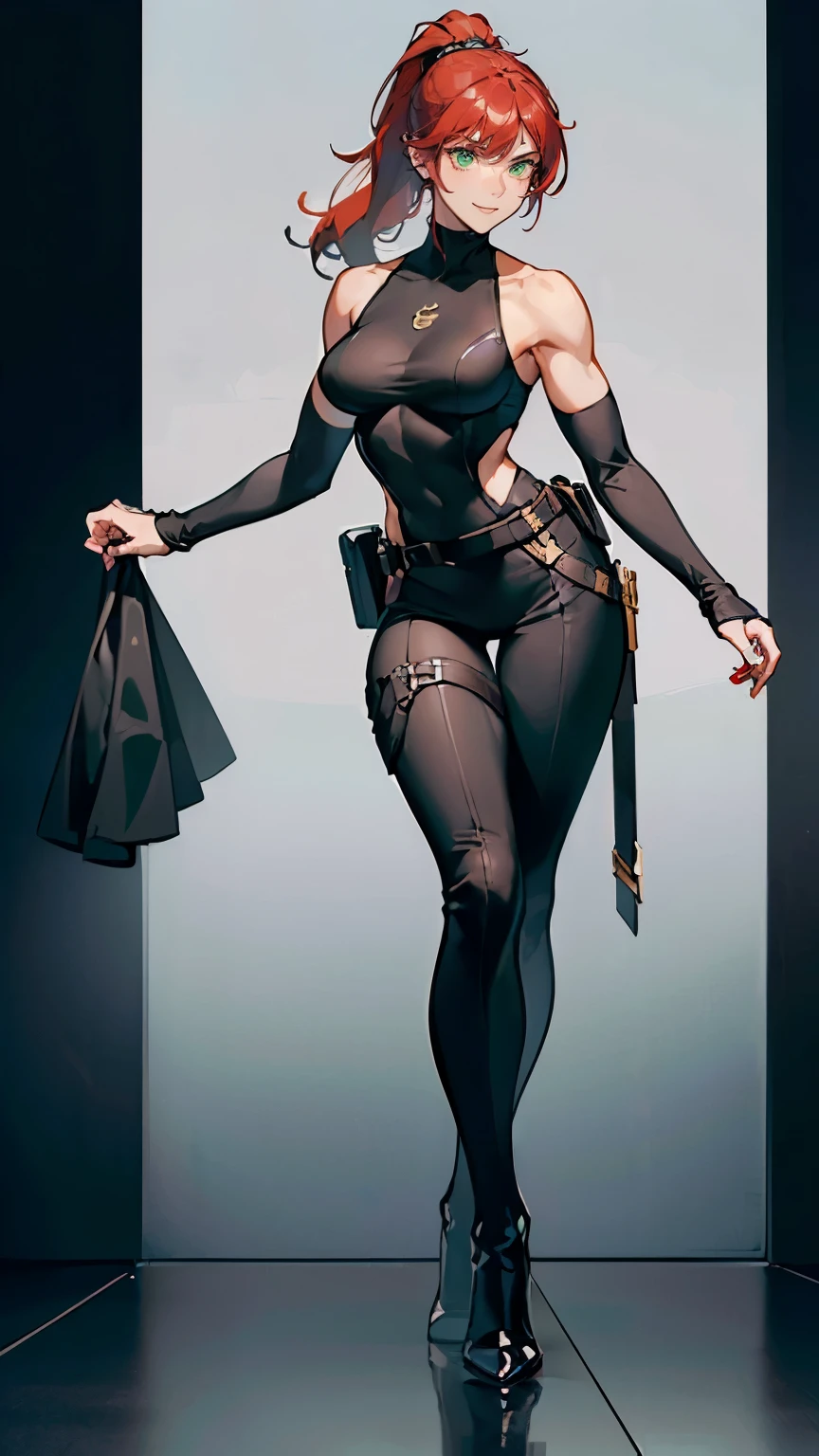 ((masterpiece,best quality,8k,highres)),((character concept art)), 1 female, young adult female, secret spy agent, 175 cm height, long hair, ponytail, curtain hair bangs, (apple red hair colour), ultra finely detailed eyes (green eyes colour), extraordinary gorgeous, charming, smirk smile, warm smile, gentle smile, perfect body build ((muscular)), ((intricate detail)), super finely detailed hands, ultra finely detailed fingers(((ten fingers))), sleeveless secret spy agent outfit (black outfit colour), pouches on waist, tool belt, black boots, (standing still), (full body showcase), (show full body), (no logos on background), (no logo), ((plain background)), ((plain background)), (((empty background)))
