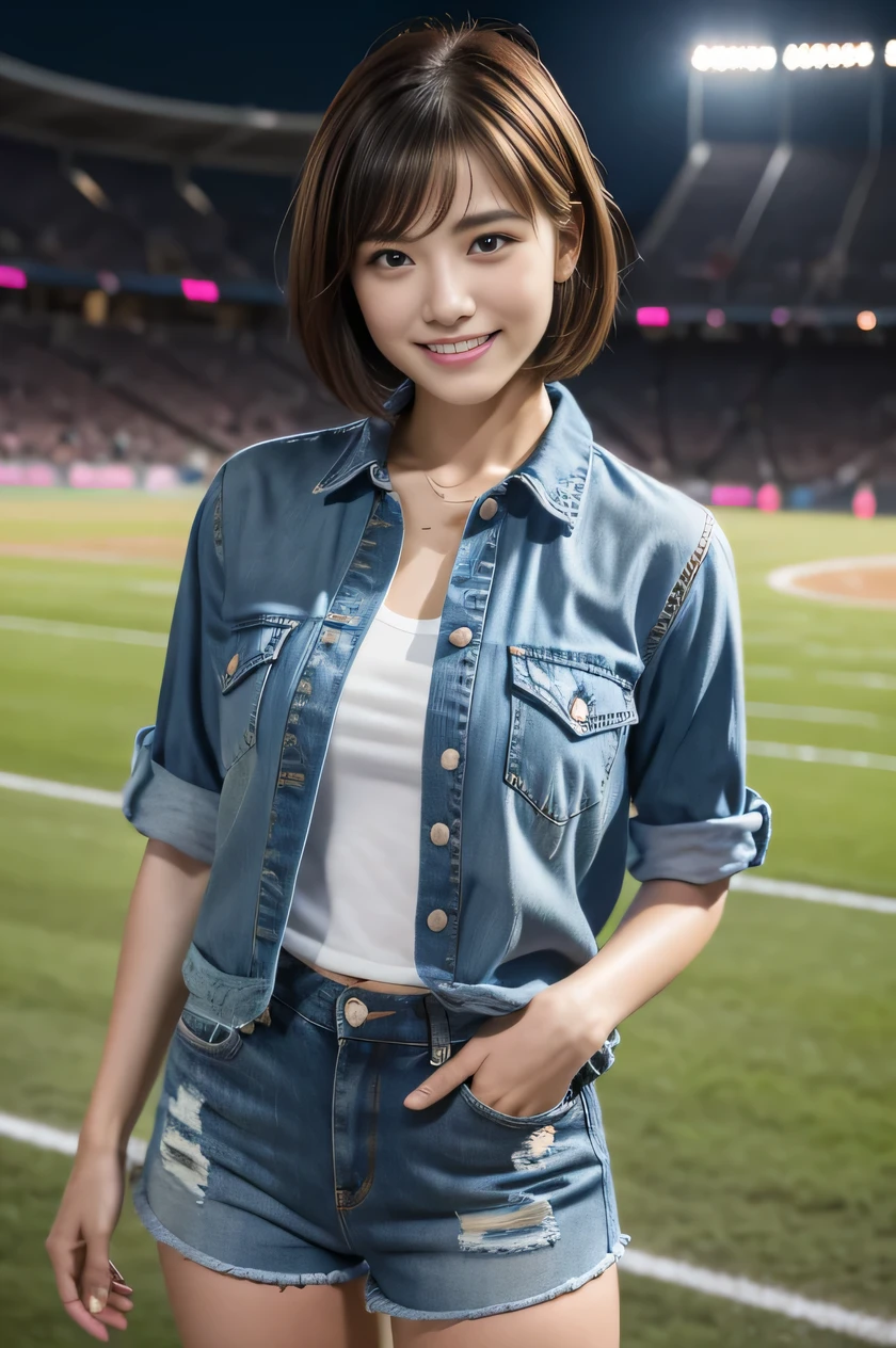 The beauty of 8K raw photos:2.0, short hair, 25 years old, great face and dark eyes, stare at the camera, smile full of joy:1.6, show teeth, put hands behind head, dynamic pose, model&#39;s stance, （denim shorts:1.2)、wear sneakers:1.4, realistic:1.9, very detailed CG 統合 8k 壁紙, very detailed, High resolution RAW color photos, professional photos, Taken at the stadium, girl sexy portrait