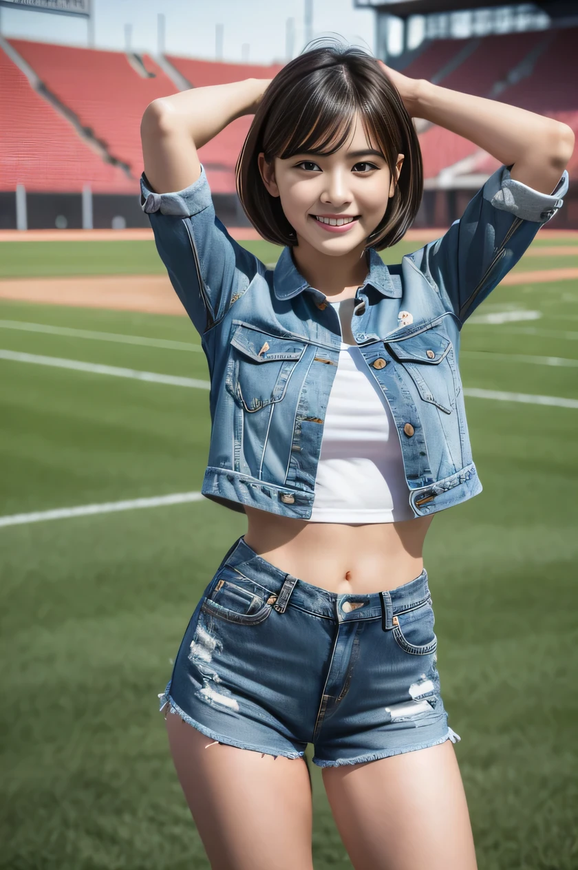 The beauty of 8K raw photos:2.0, short hair, 25 years old, great face and dark eyes, stare at the camera, smile full of joy:1.6, show teeth, put hands behind head, dynamic pose, model's stance, (denim shorts:1.2)、wear sneakers:1.4, realistic:1.9, very detailed CG 統合 8k 壁紙, very detailed, High resolution RAW color photos, professional photos, Taken at the stadium, girl sexy portrait