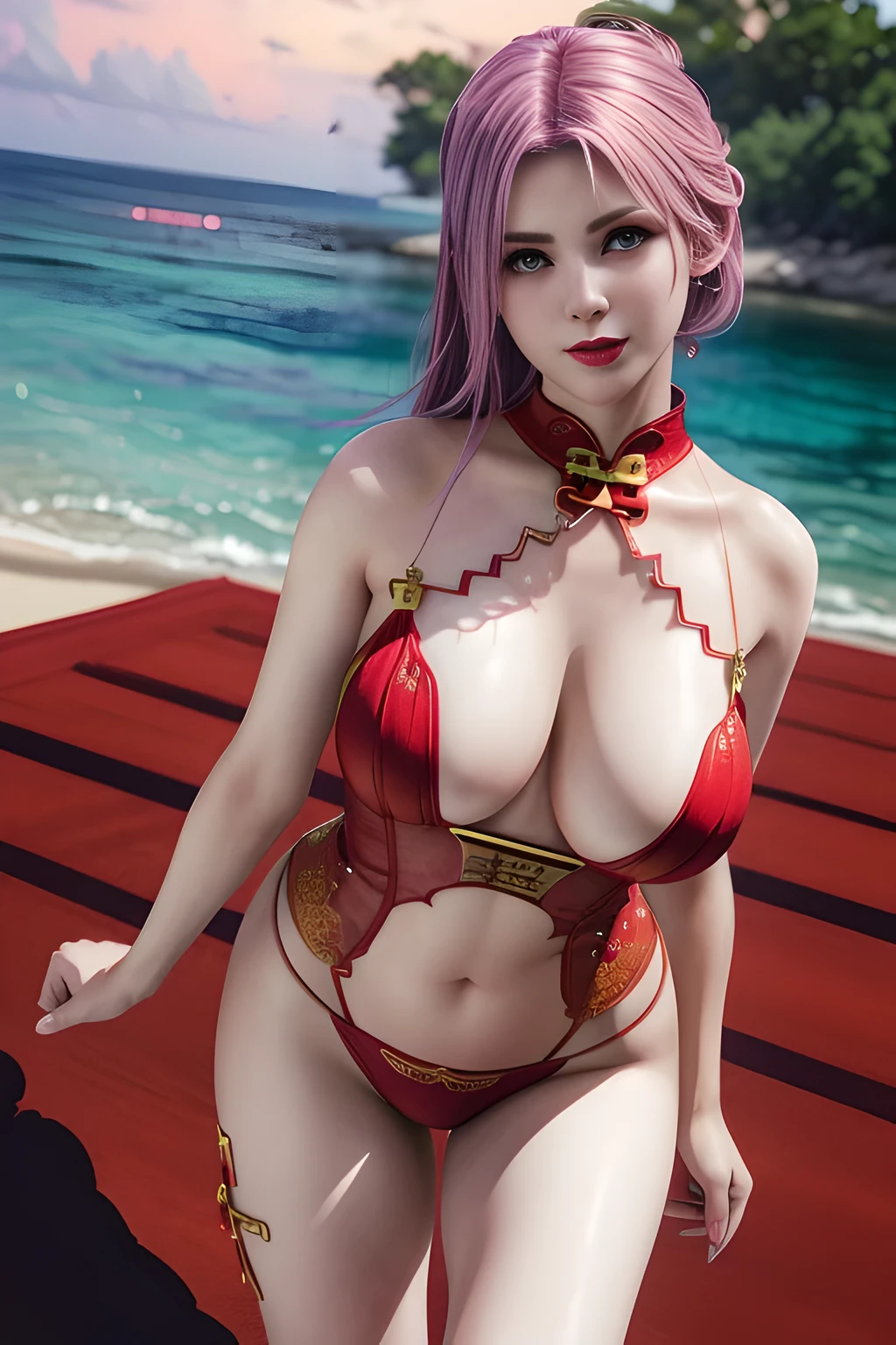 1 girl,Alice,Relax,(Wearing Chinese cheongsam:1.4),(Beaches in the Maldives),jewelry,grace,(((red lips))), Lips slightly open, lustful smile, clavicle,(huge breasts),Charming cleavage,((8k, original photo, top quality, masterpiece), HD RAW color photos professional close-up photos, (actual, photorealism: 1.37), (best quality), (best shade), ((erotic, Sexy, ultra high resolution, HD CG unified 8K wallpaper, Physically based rendering, movie lighting),alone,