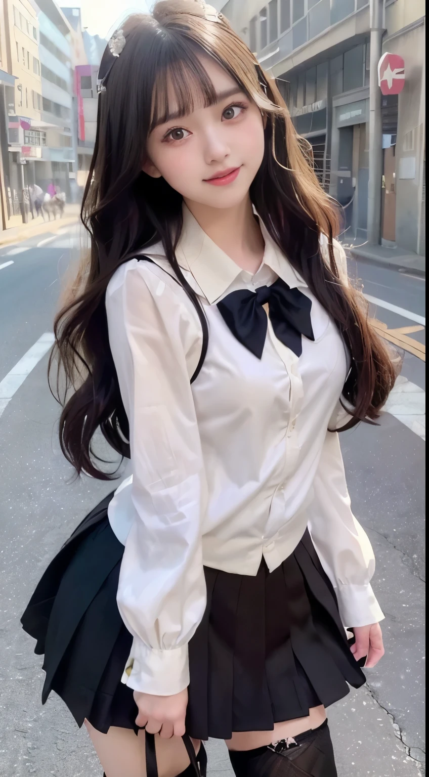 smile, (super fine illustration,8K CG wallpaper,best quality,extremely detailed,ultra high res,best aesthetic),(cowboy shot),(age,beautiful girl,cute girl),(beautiful black eyes,beautiful black hair,kawaii hair),((arms behind back)),(blush),((saggy breasts,big aleolae)),(school uniform,beige cardigan),(shibuya:1.1,street),