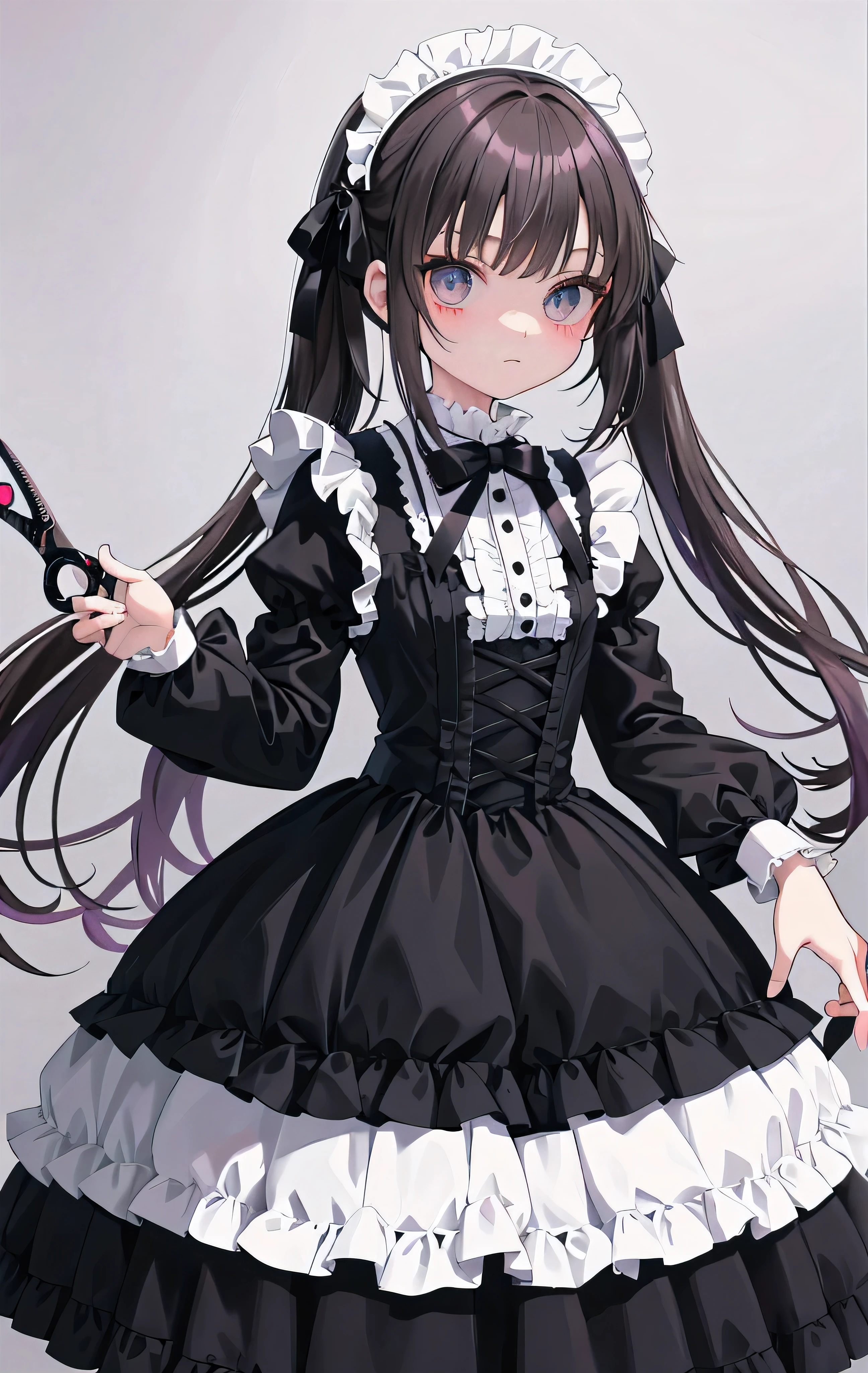 there is a woman skirted in a costume holding a pair of scissors,  maid，skirt, Portrait of radical lolita girl, maid outfit, anime girl in a maid costume, Anime Girls Cosplay, maid skirt, Portrait of a magical Lolita girl, victorian gothic lolita fashion, lolita style, gothic maiden anime girl, lolita fashion, perfect android girl