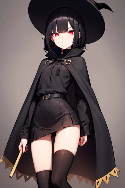 long black cloak girl Her hair is a black bob cut and her eyes are fiery red. black mini skirt knee high socks big black hat with a fashionable black ribbon