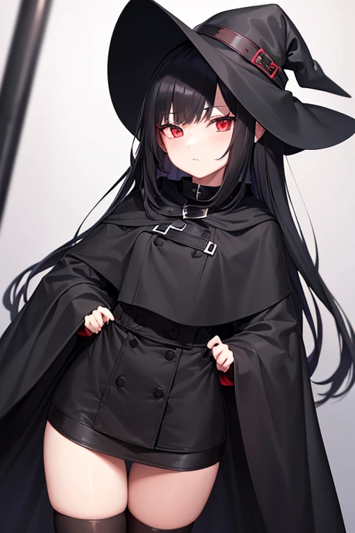 long black cloak girl Her hair is a black bob cut and her eyes are fiery red. black mini skirt knee high socks big black hat with a fashionable black ribbon
