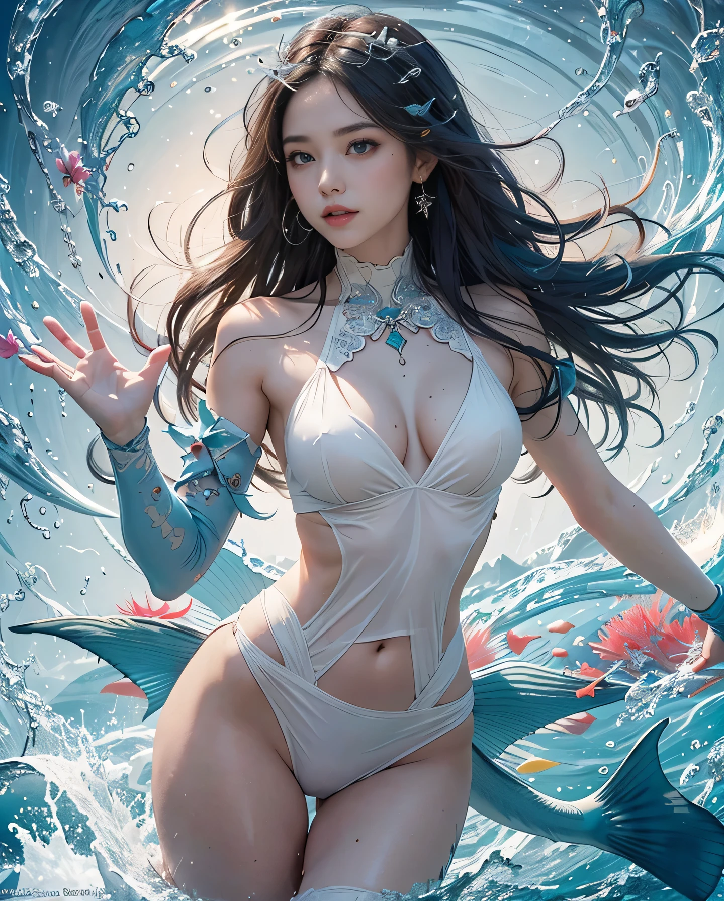(masterpiece、highest quality、highest quality、official art、beautiful and aesthetic:1.2)、(1 girl:1.3)、((Accurate anatomy body and hands:1.5))、beautiful face、extremely perfect face、Big eyes、cute smile、very detailed、(fractal art:1.1)、(colorful:1.1)(flower:1.3)、most detailed、( zentangle:1.2)、(dynamic pose)、(Change the pose)、(dynamic angle)、(abstract background:1.3)、(shiny skin)、(many colors:1.4)、(earrings)、(Fish fins:1.5)、(放water器:1.3)、water色背景、water、light、explosion、waterの流れ
、gust of wind、Bubble、Soap bubble、veiled dress、半透明のwater色ドレス、Lots of Fish、beautiful face、perfect proportions、big breasts、thin waist、navel、big ass、gap between crotches、thighs、