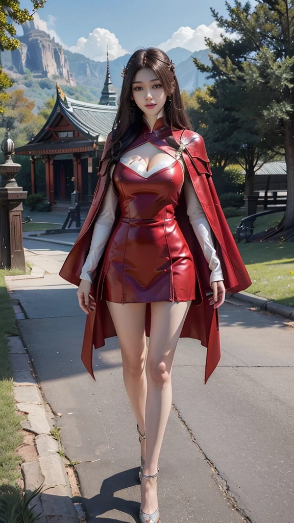 Woman in red silver dress, Immersive art station, ศิลปะFantasyที่มีรายละเอียด, Amazing character art, Excellent and neat character art, beautiful armor, very detailed, red armor girl, Exquisite headdresses and ornaments, (best quality, 10, Masterpiece :1.3), (realistic, ภาพrealistic: 1.37), (1 girl), (Beautiful women between the ages of 18-20), (thin), (Focus on the slender abdomen.. :1.3), (Korea), (Pastel colored leather dress, Long red leather cloak, Long red leather cloak, Show your arms and shoulders., white leather skirt, short leather skirt, Emphasize her legs., High groove,), (รองเท้าHeel Height), (Random pose), Huge breasts, exposed cleavage, ((dark brown hair, long hair)), exquisite face, Open the show, Fantasy, Slender figure, Very smooth face, Good eyes, Double eyelids, (long hair, Random hairstyles), (big girl :1.3), (outdoor), (Extraordinarily detailed face), (Detailed eyes), (Double eyelids), (Eyeshadow makes eyelashes look thicker.......), obscure, (Long legs, Heel Height), (((Whole body))), (professional lighting), (Photon mapping), (Radiation), red armor girl, silver armor girl, Carrying a giant sword, The sword is bigger than the body., (Look directly at the audience.....), cliff scene, mountain, cave mouth, stone, big tree