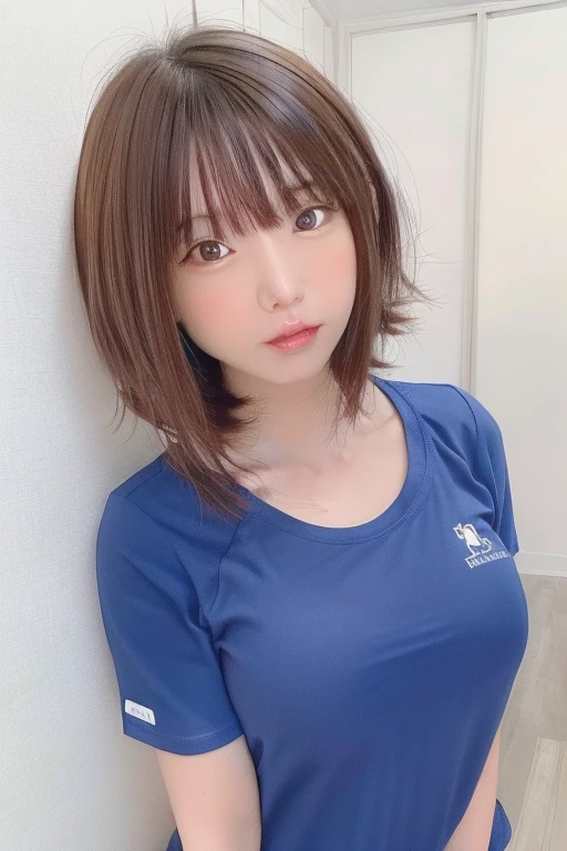 In the highest quality image, a Japanese girl is depicted in soft light, with a portrait-style focus on her beautiful, detailed face. Her compelling brown eyes radiate a shy and coy smile (1.1). Her hair, cascading in soft waves, is a noon (1.4) hue. While walking, she dons a simple T-shirt that adds to her cuteness. The image captures her in isolation, with the depth of field finely balanced to keep her in sharp focus (1.4). Taken in RAW photography, the ultra high resolution image reveals every intricate detail, immersing viewers in its realistic quality (1.4). From before, this timeless snapshot of