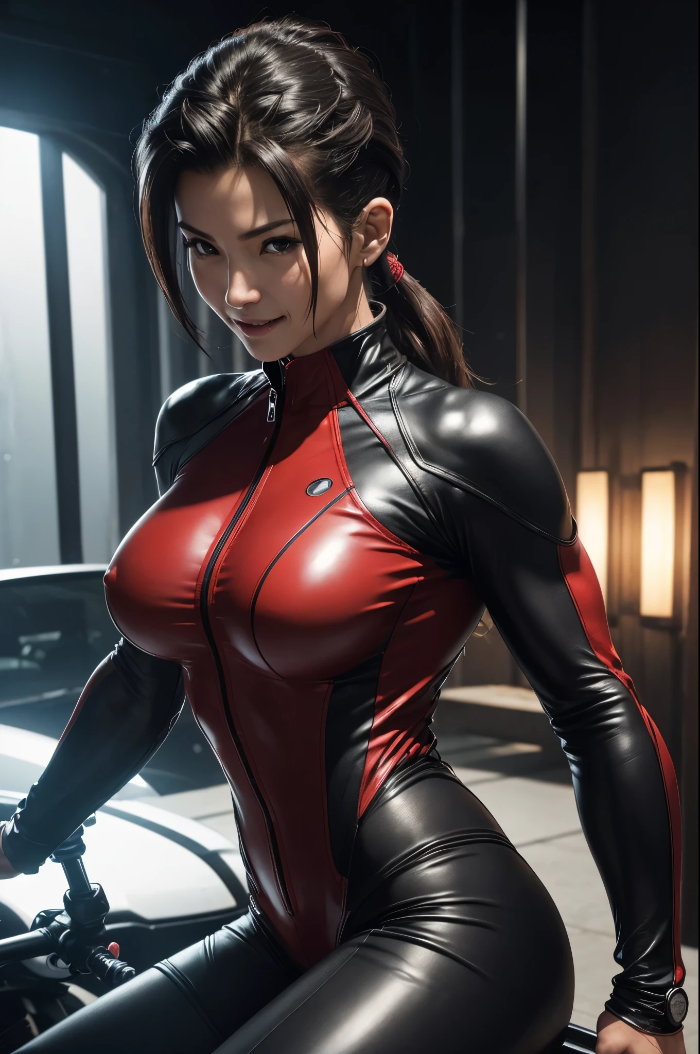 NSFW、red and black racing suit,bike,Black light、Real Art、Slender and muscular macho woman、Super beautiful(Like the real thing)、black eye、Super fine、1 milf、light brown mohawk hair、mature woman,cool smile、very big breasts、Glowing black eye、Slender and muscular macho mature woman、Slender and muscular lower body、豪華でセクシーなbikeスーツ,detailed light、An illustration、dynamic angle、Depth of bounds written、(((((())))、、Show me your fangs、(Super A)High resolution、best image quality)、(8K、Raw photo、best image quality、masterpiece)、technical sense、best image quality、masterpiece、enlightenment、cg、sense of unity、wallpaper、official art、amazing、finely、very delicate and beautiful、attention to detail、attention to detail、Sharp in focus、rich background、(real human being、image)、((High resolutionスキン))、fantasy art、Shoulder muscles、muscular abs、Arm muscles,super realistic skin、look at the audience,Violent and strongly cracked abdominal muscles,Tsunagi,8K,Motorcycles,セクシーなvery big breastsの谷間,long sleeve(Red and black see-through leather racing suit),open the chest zipper,